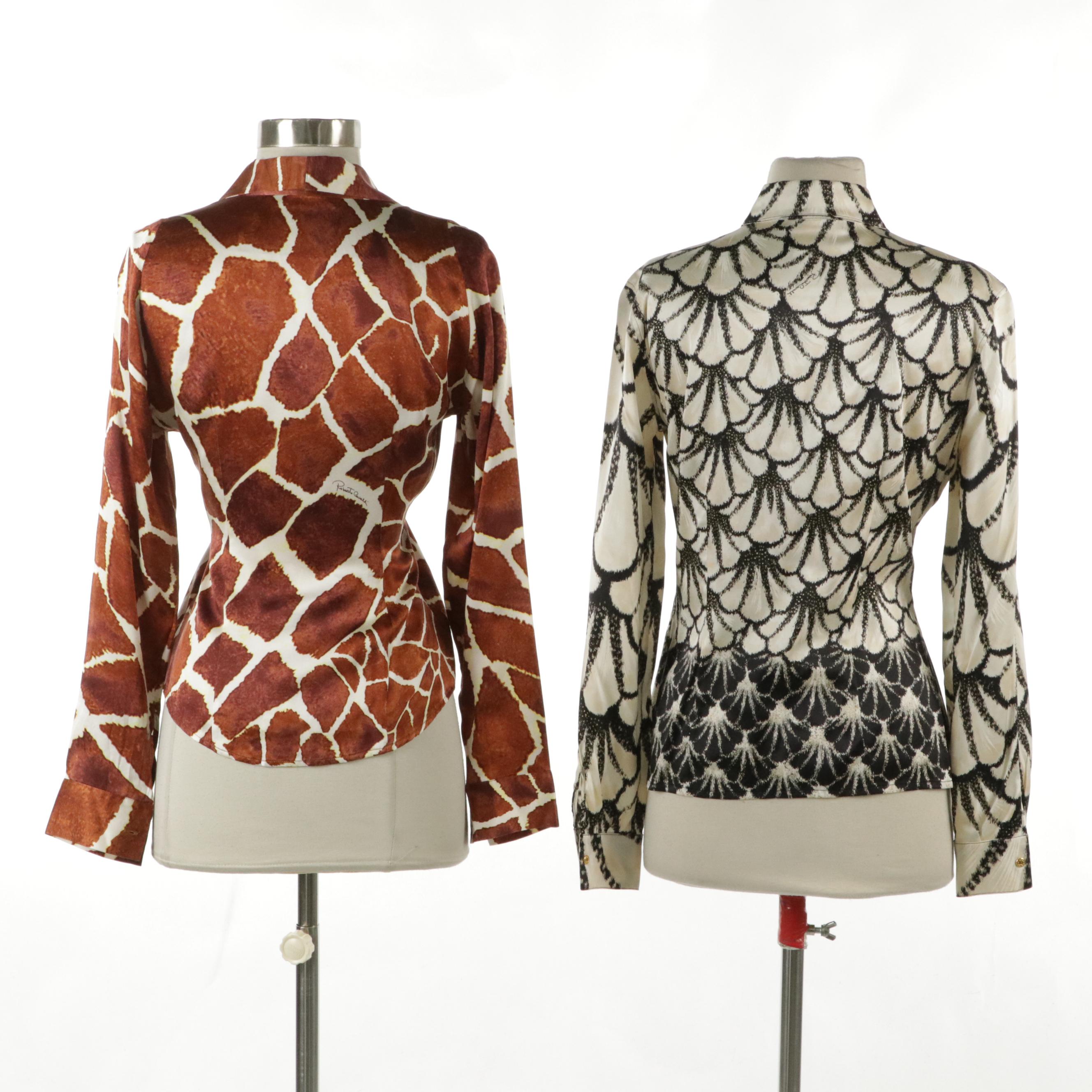 Roberto Cavalli Scalloped Printed and Giraffe Printed Silk Long Sleeve Blouses