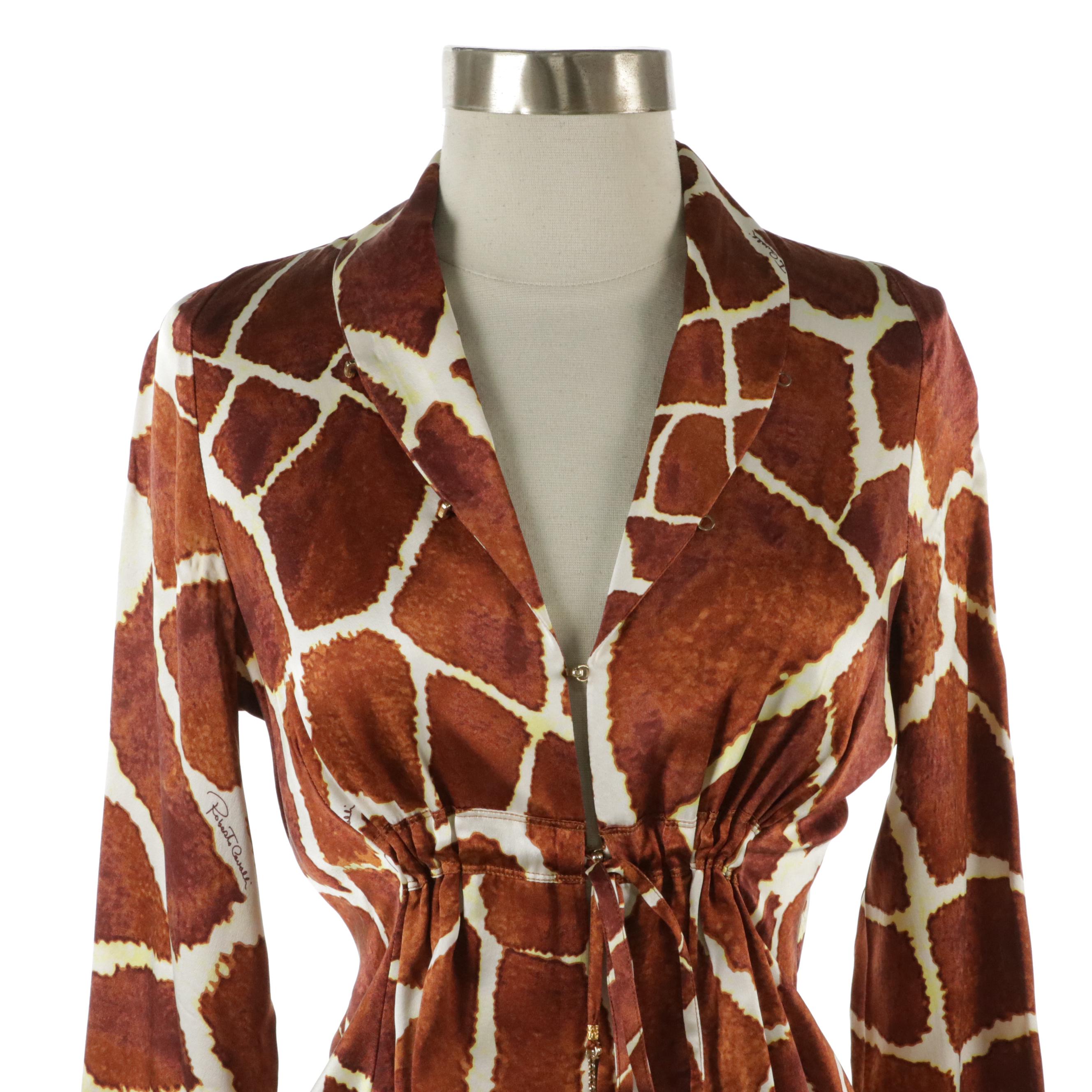 Roberto Cavalli Scalloped Printed and Giraffe Printed Silk Long Sleeve Blouses
