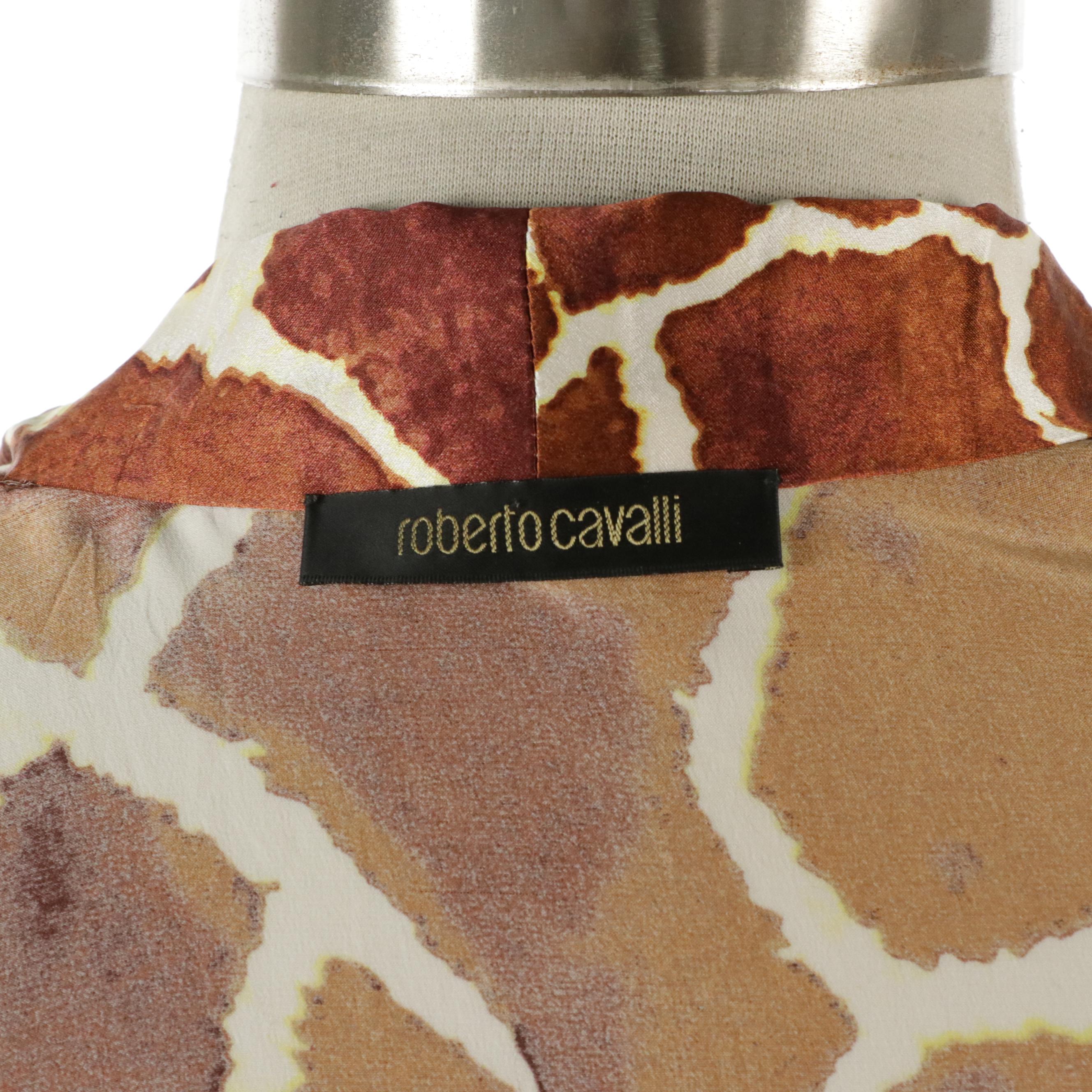 Roberto Cavalli Scalloped Printed and Giraffe Printed Silk Long Sleeve Blouses