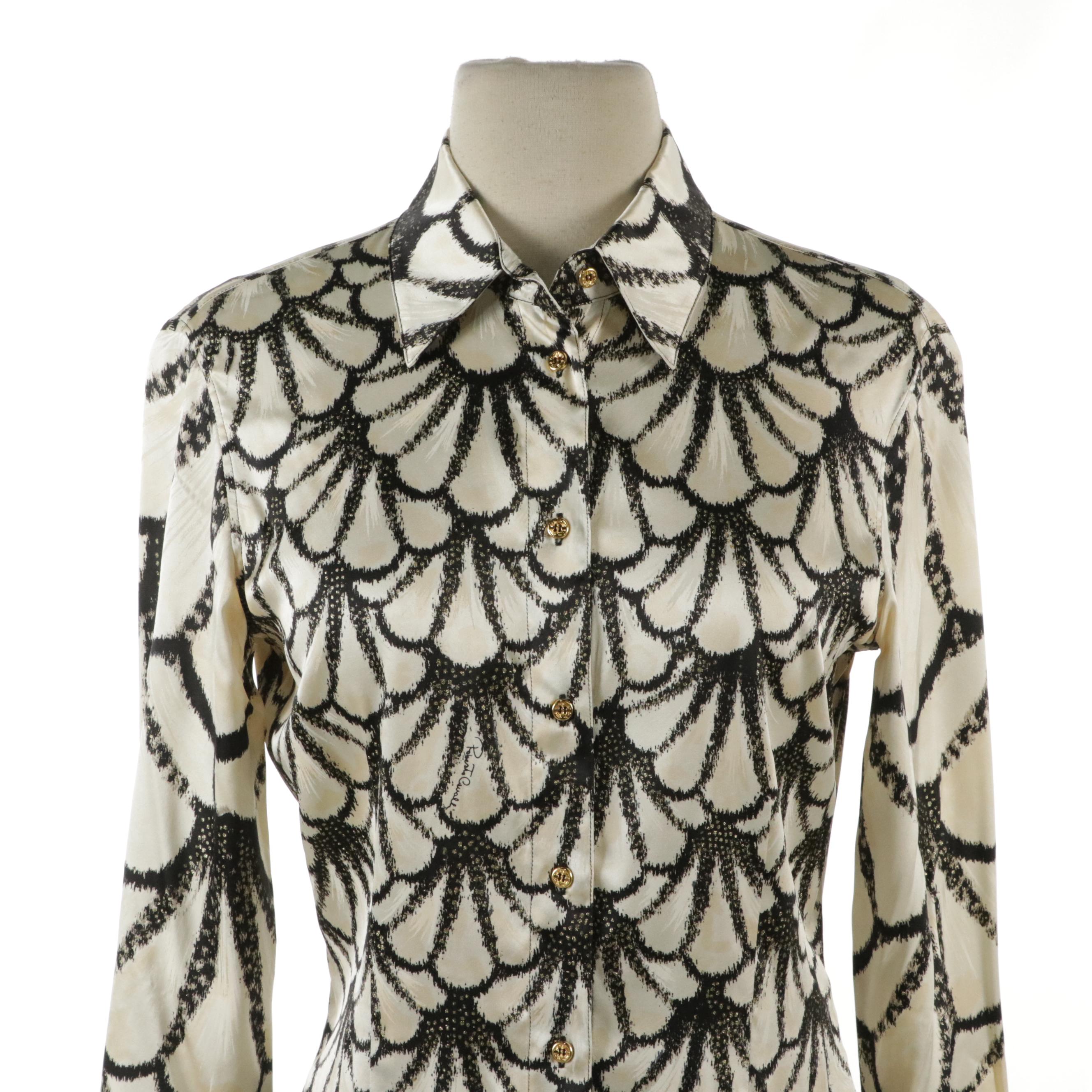 Roberto Cavalli Scalloped Printed and Giraffe Printed Silk Long Sleeve Blouses