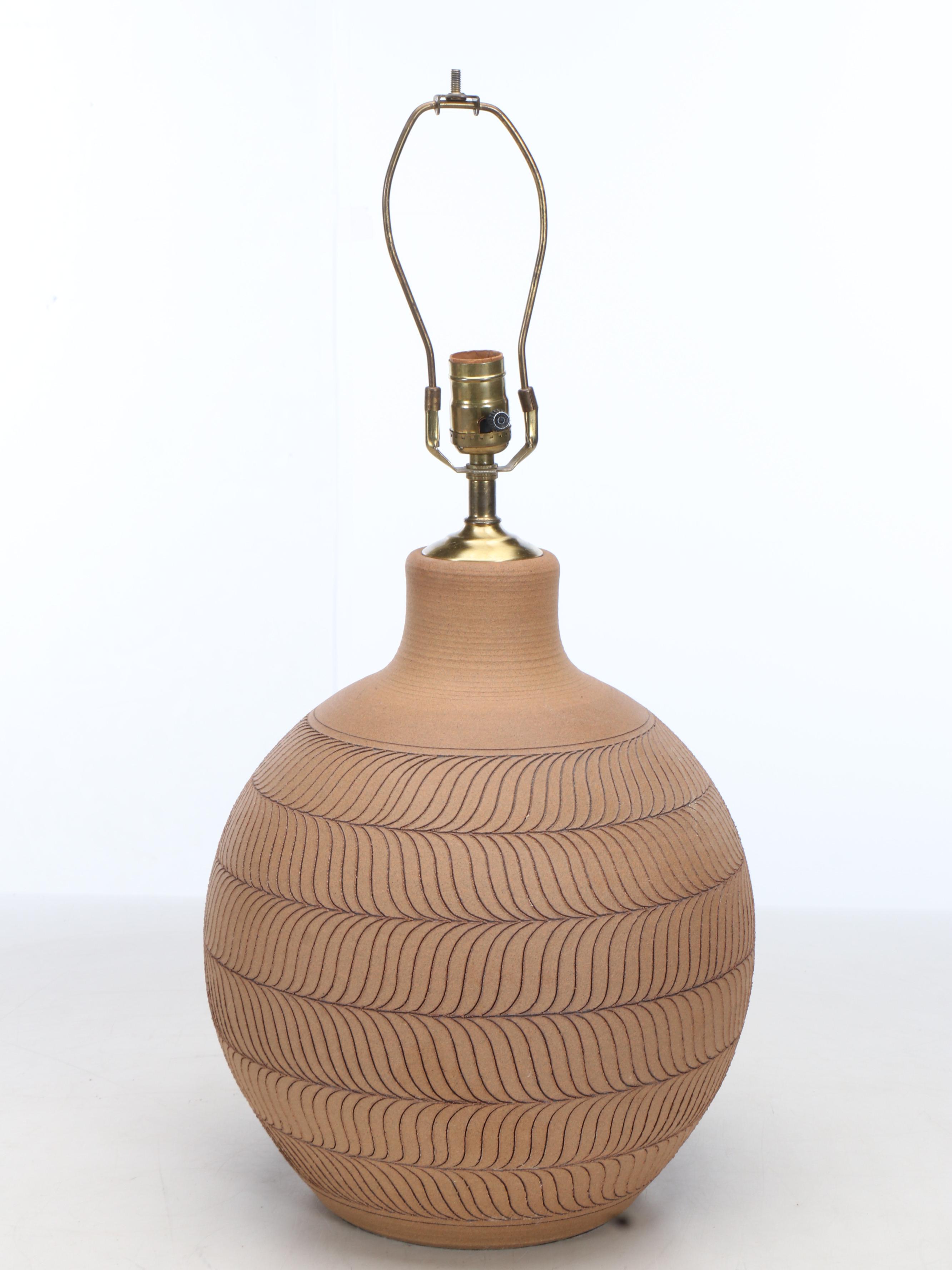 Larry and Terry Brown MCM Hand-Incised Stoneware Table Lamp with Cotton Shade