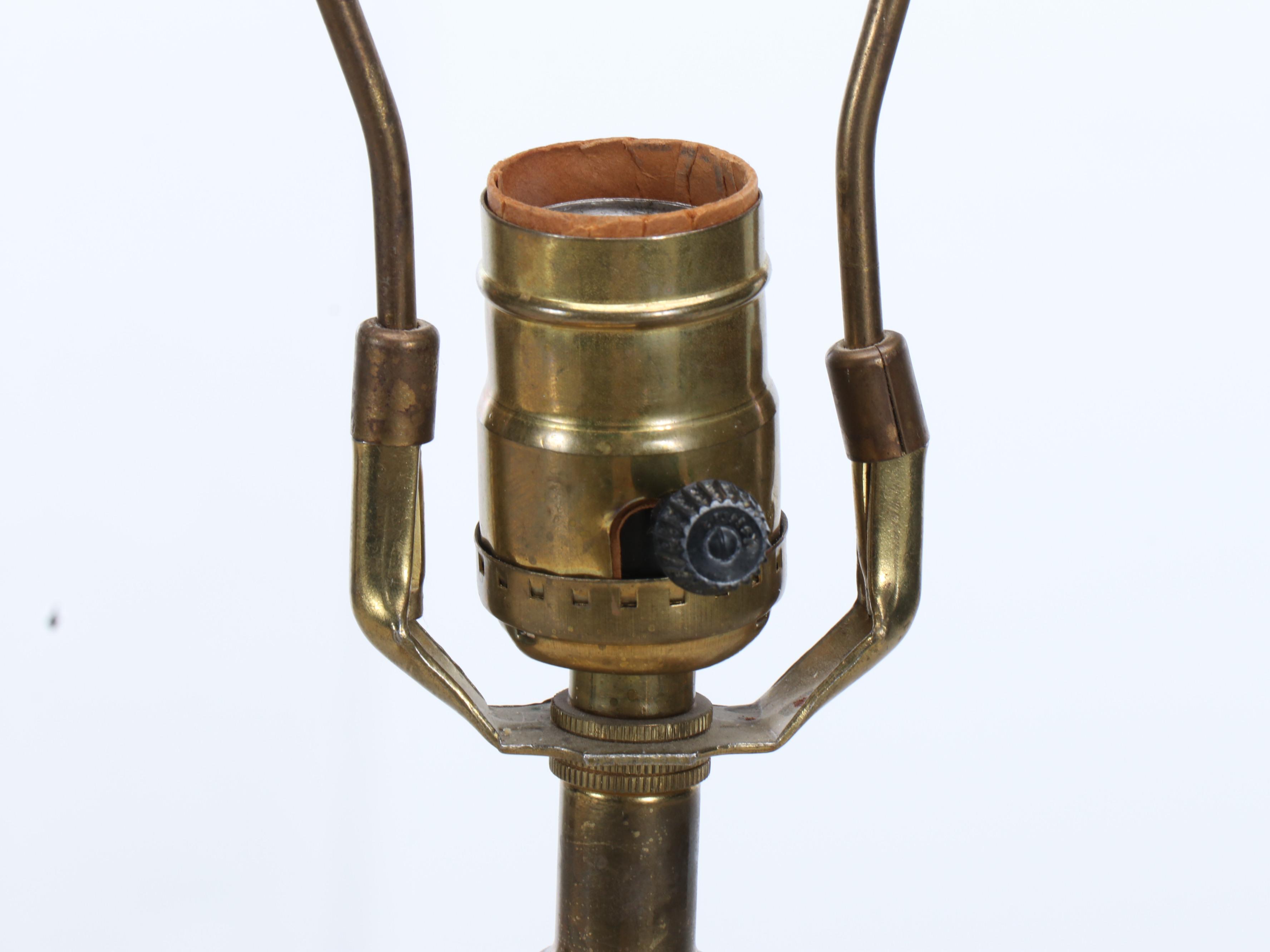 Larry and Terry Brown MCM Hand-Incised Stoneware Table Lamp with Cotton Shade