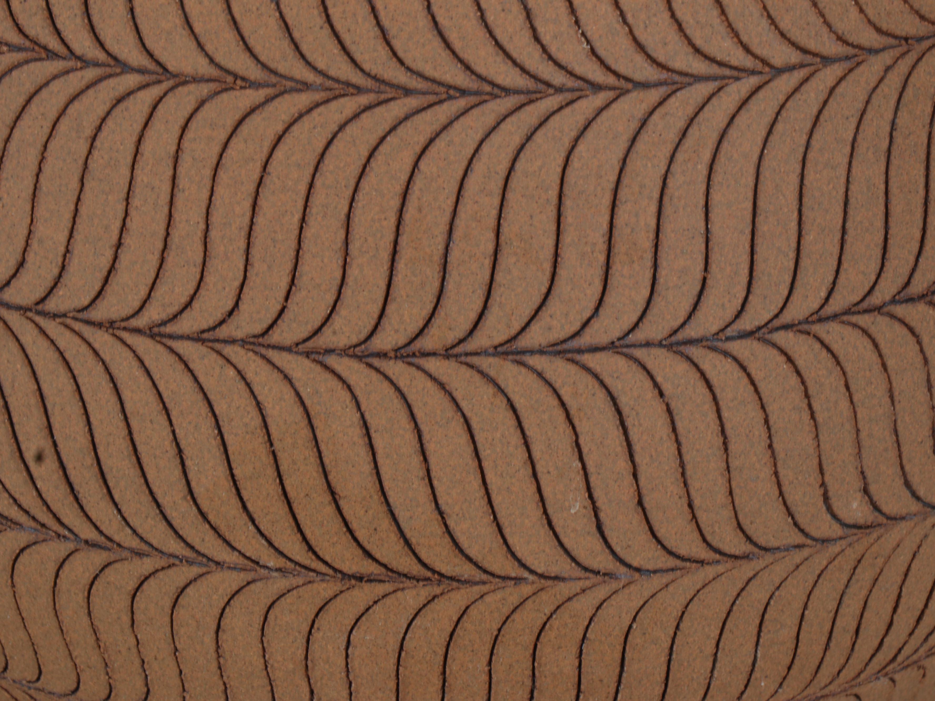 Larry and Terry Brown MCM Hand-Incised Stoneware Table Lamp with Cotton Shade