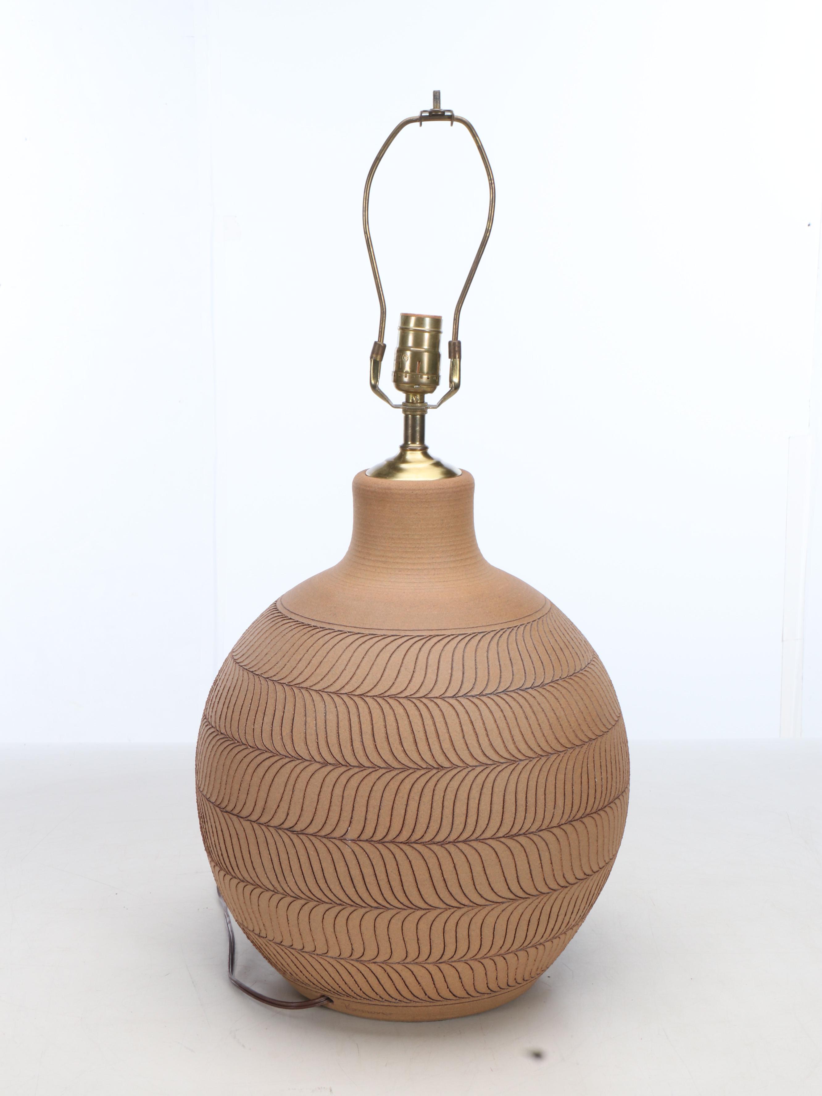 Larry and Terry Brown MCM Hand-Incised Stoneware Table Lamp with Cotton Shade