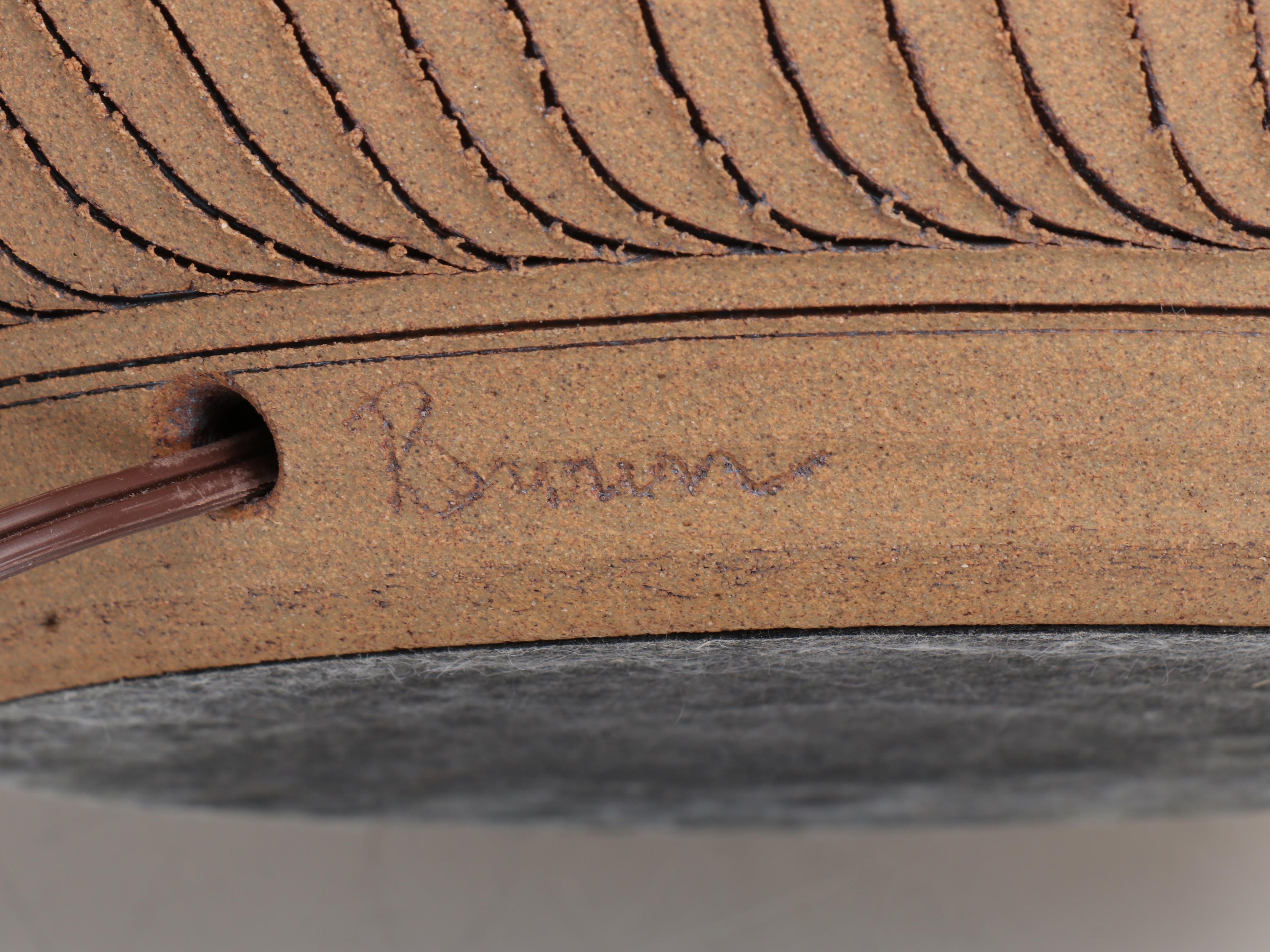 Larry and Terry Brown MCM Hand-Incised Stoneware Table Lamp with Cotton Shade