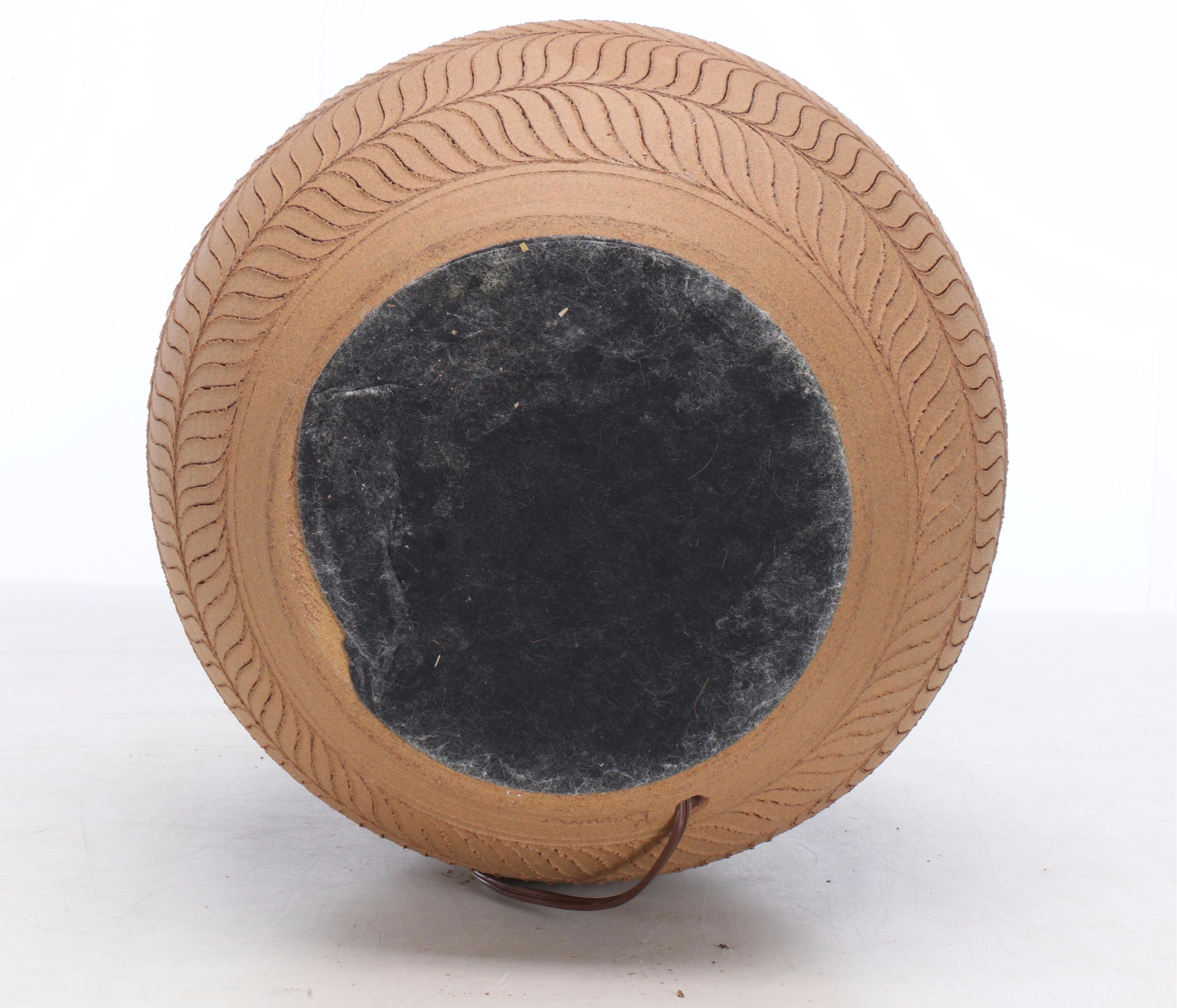 Larry and Terry Brown MCM Hand-Incised Stoneware Table Lamp with Cotton Shade