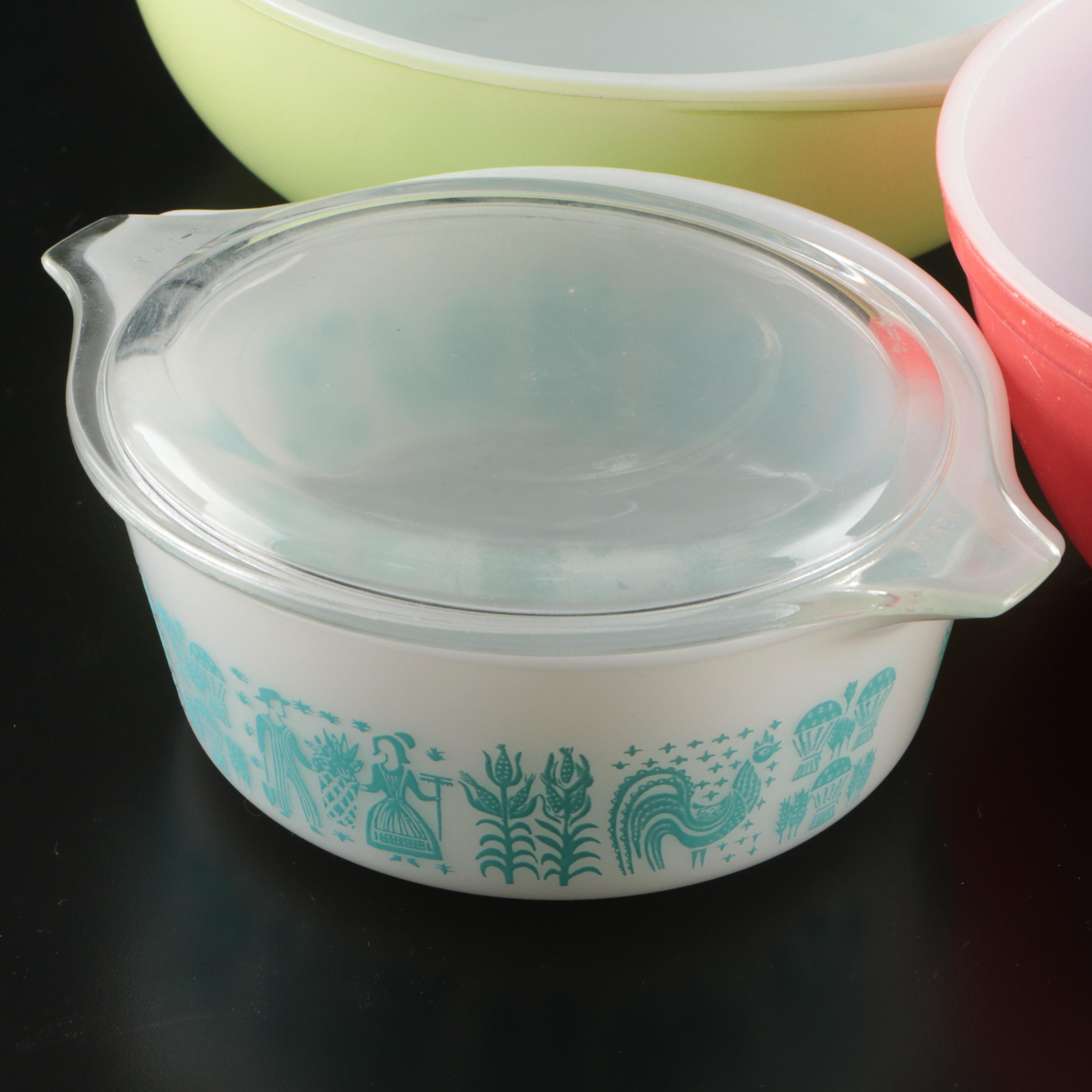 Pyrex Glass and Ceramic "Amish Butterprint" Baking Dishes and Mixing Bowls