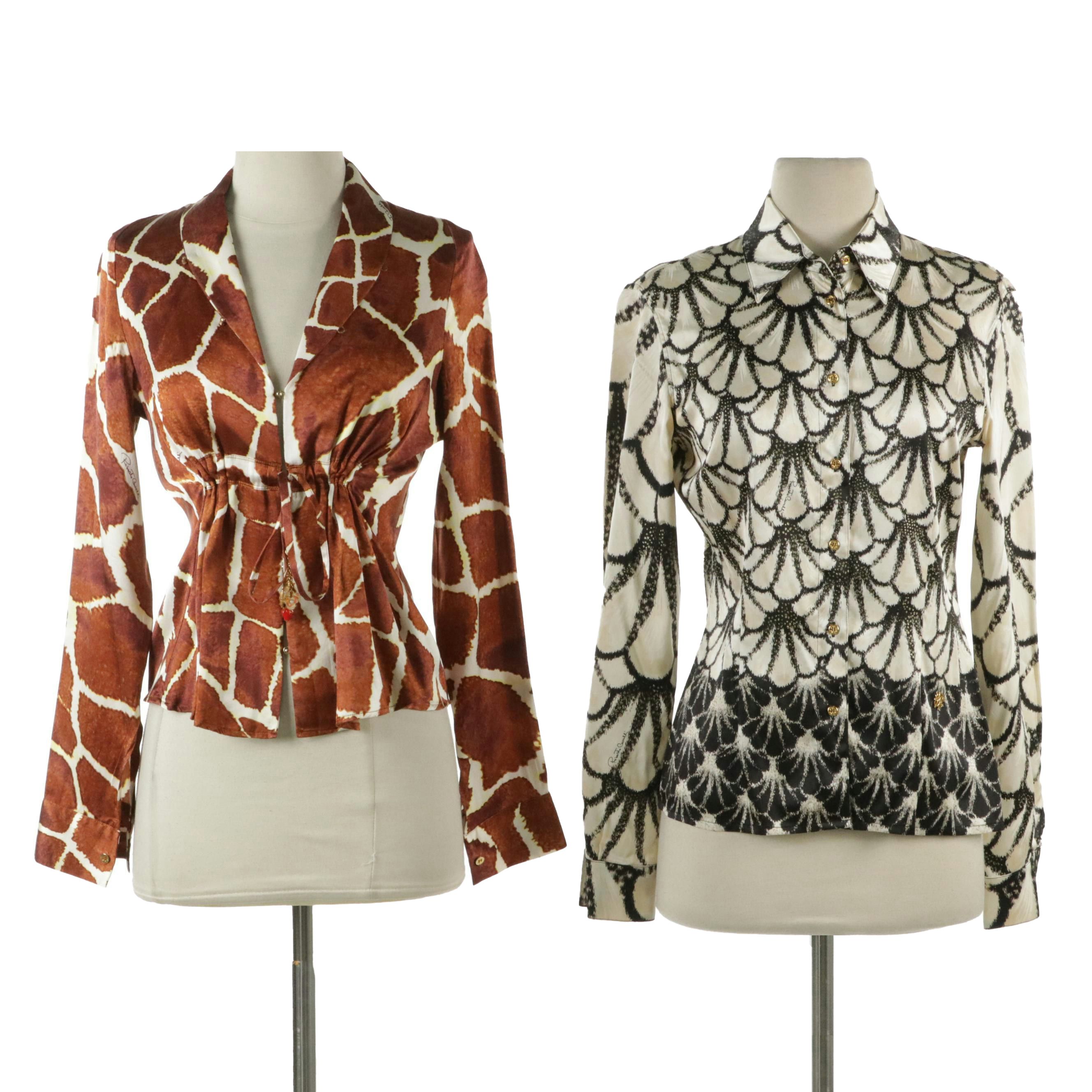 Roberto Cavalli Scalloped Printed and Giraffe Printed Silk Long Sleeve Blouses