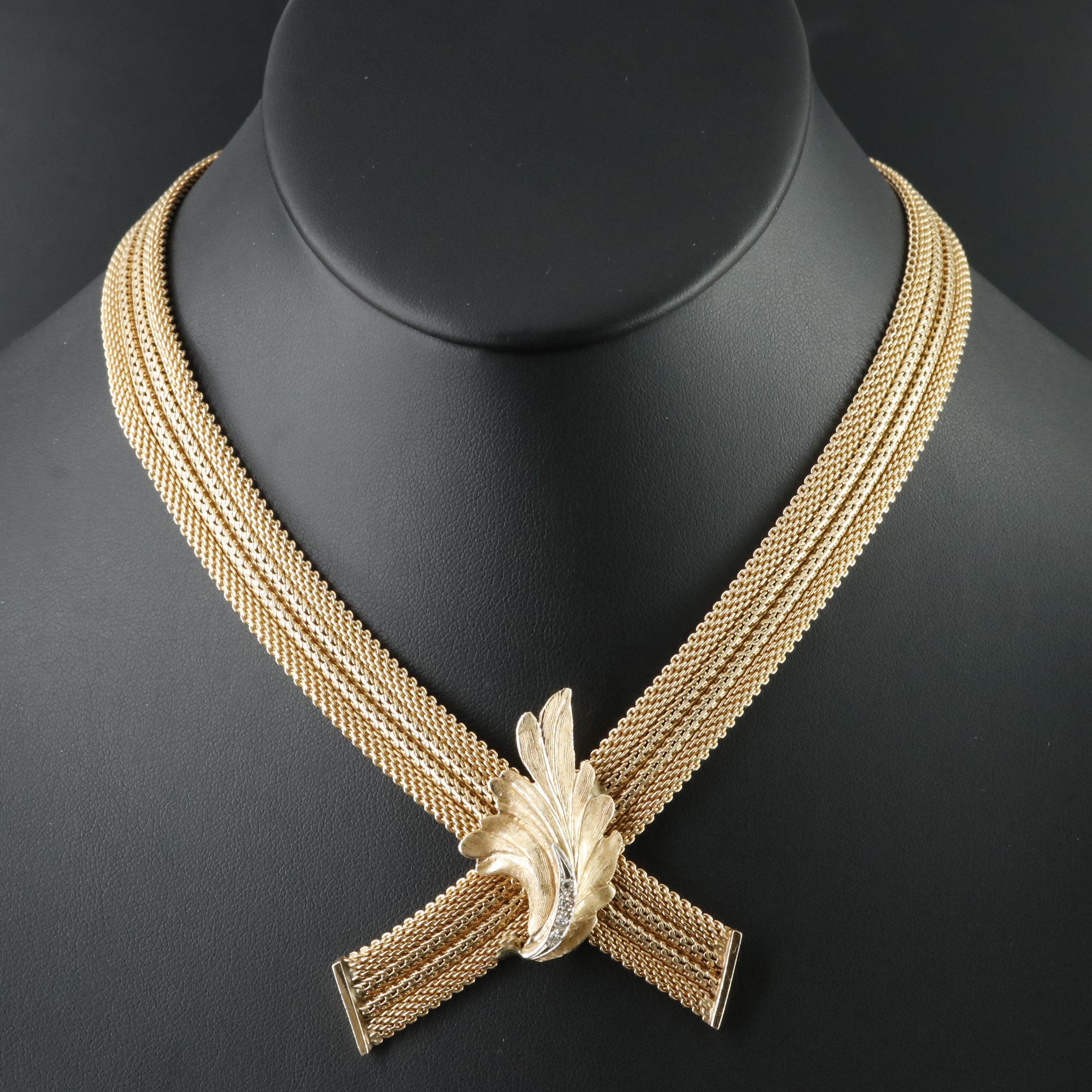 14K Diamond Ribbon Necklace with Acanthus Detail, Vintage