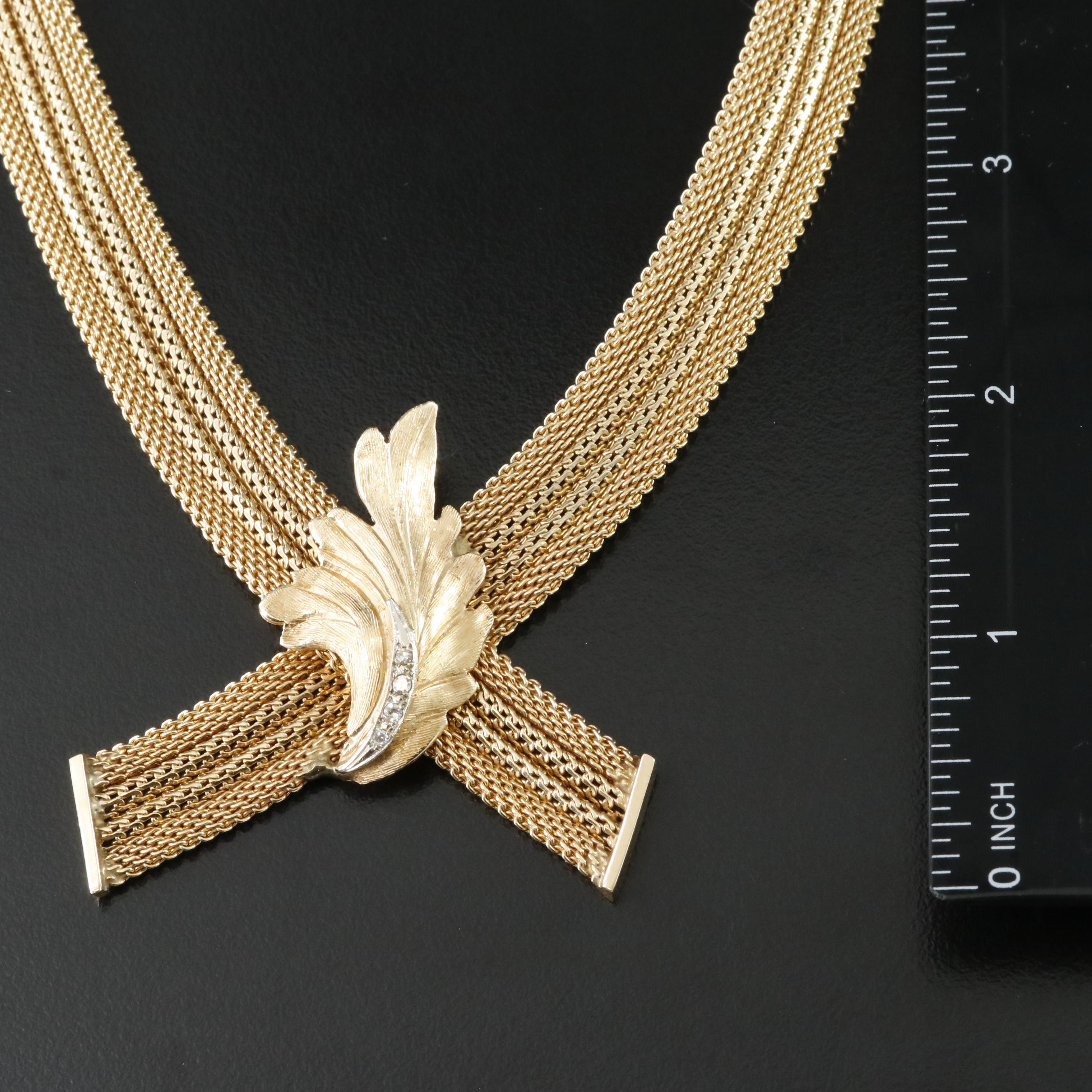 14K Diamond Ribbon Necklace with Acanthus Detail, Vintage