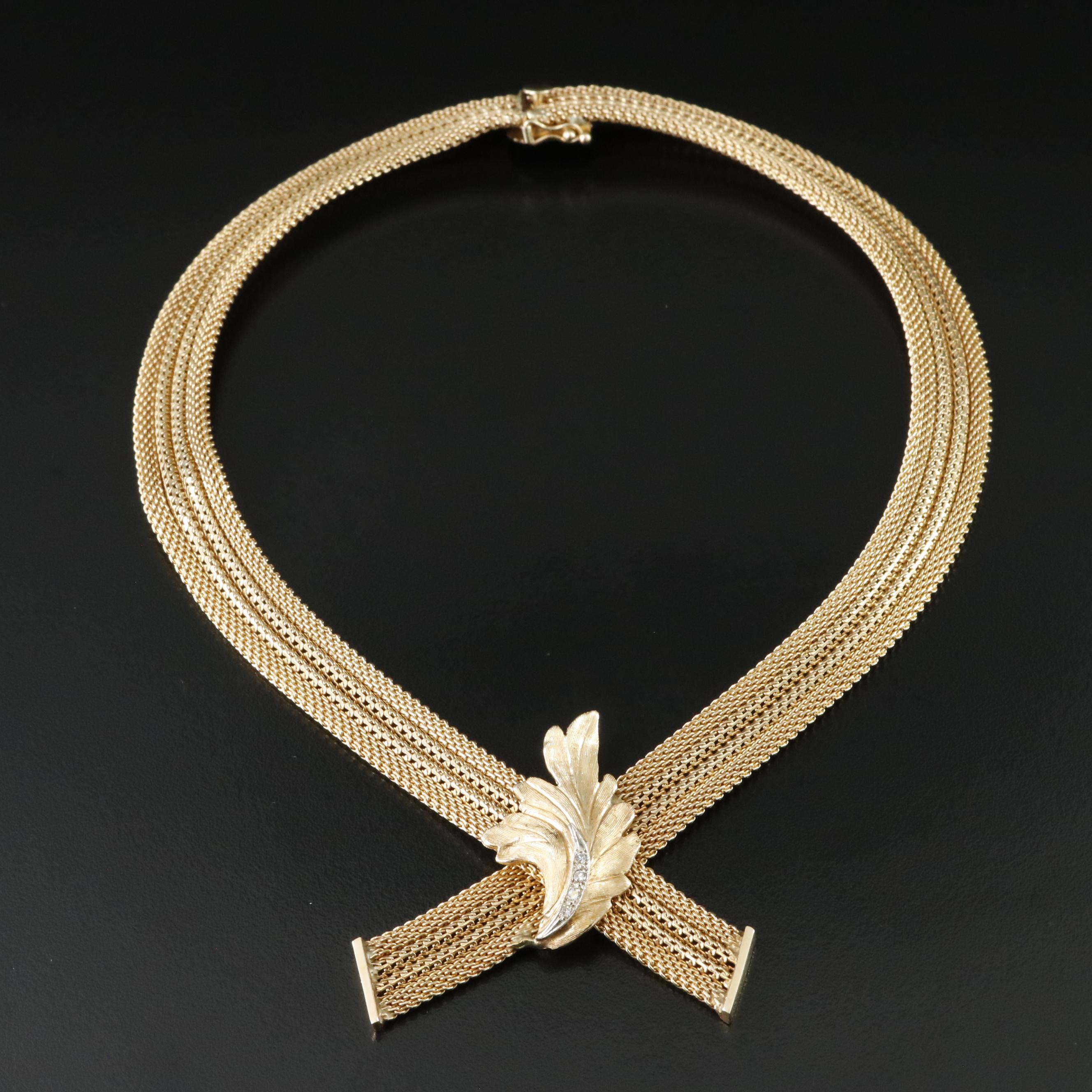 14K Diamond Ribbon Necklace with Acanthus Detail, Vintage