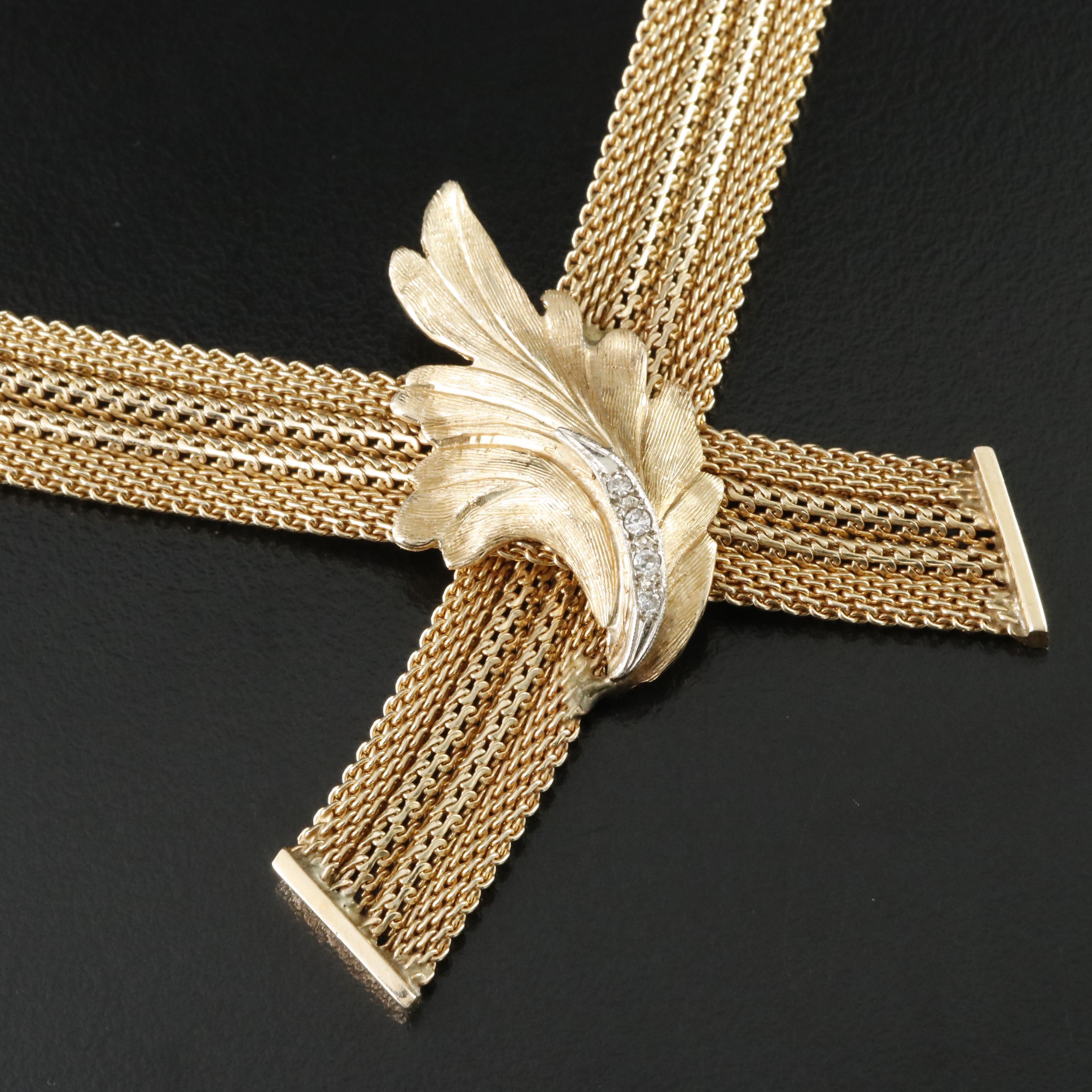 14K Diamond Ribbon Necklace with Acanthus Detail, Vintage