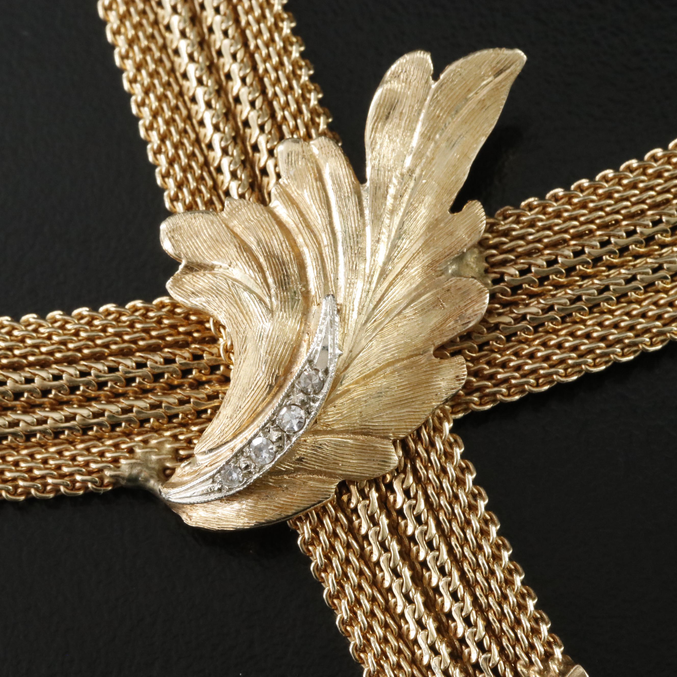 14K Diamond Ribbon Necklace with Acanthus Detail, Vintage