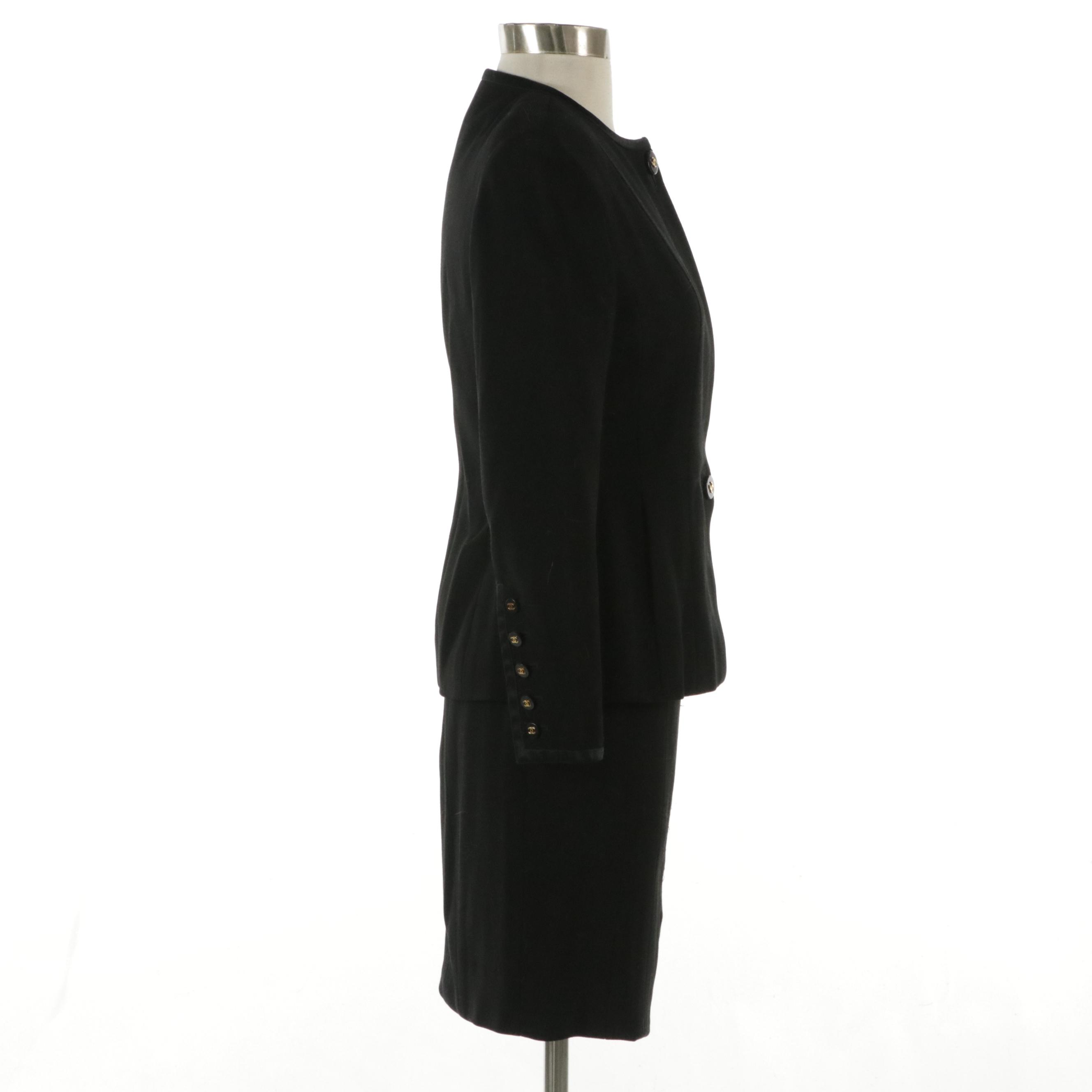 Chanel Black Wool Blend Button-Front Skirt Suit, Late 20th Century
