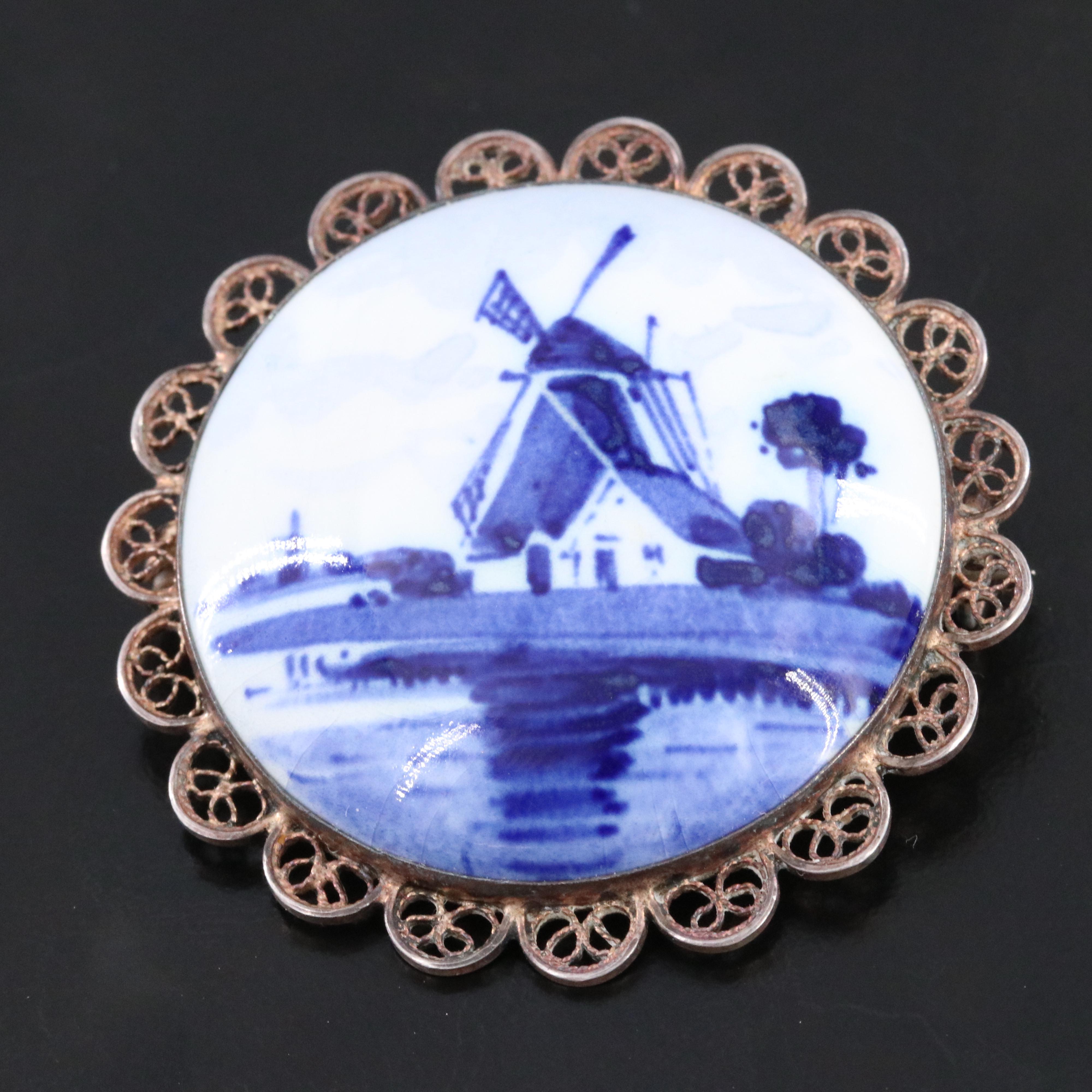 950 Silver Ceramic Delft Windmill Brooch