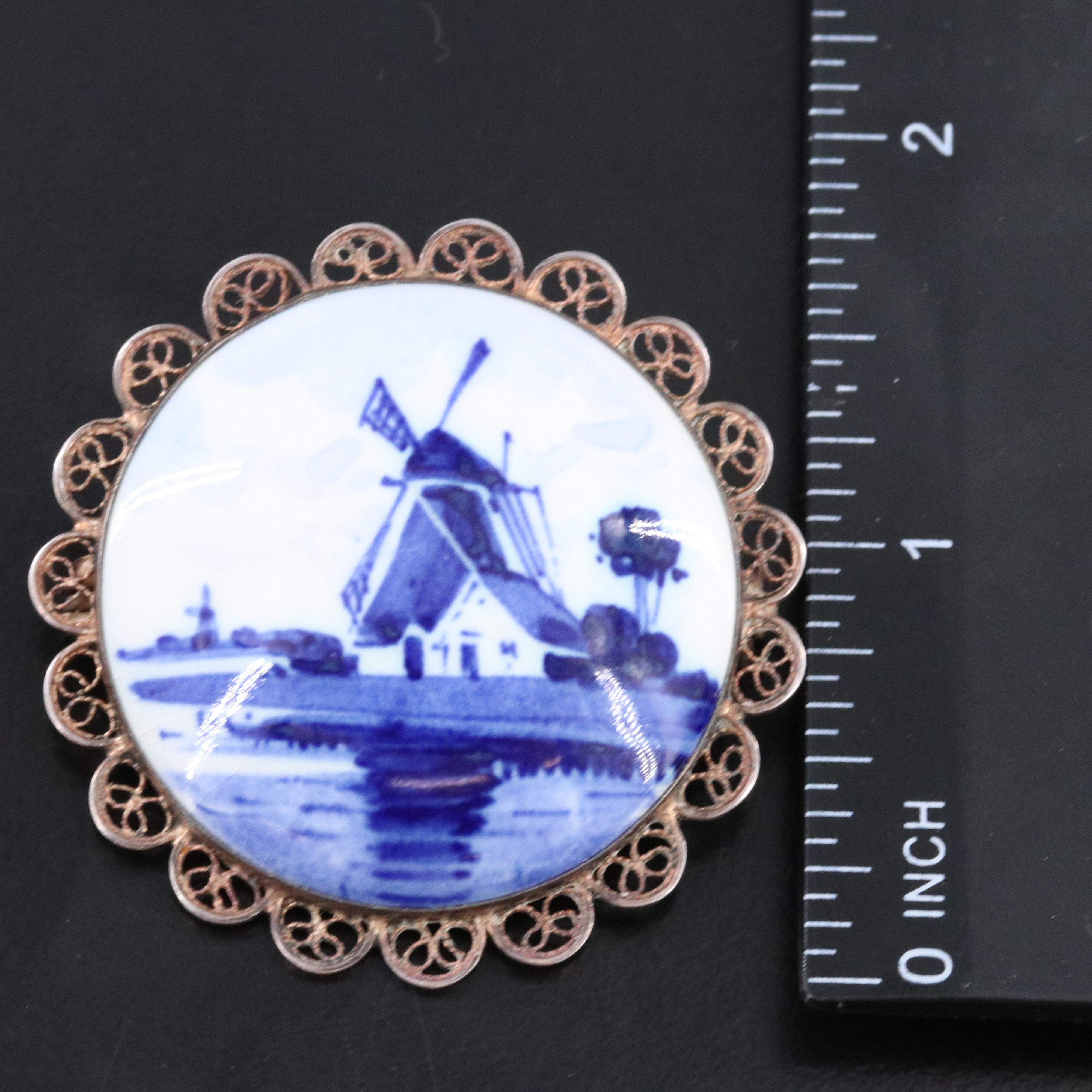 950 Silver Ceramic Delft Windmill Brooch