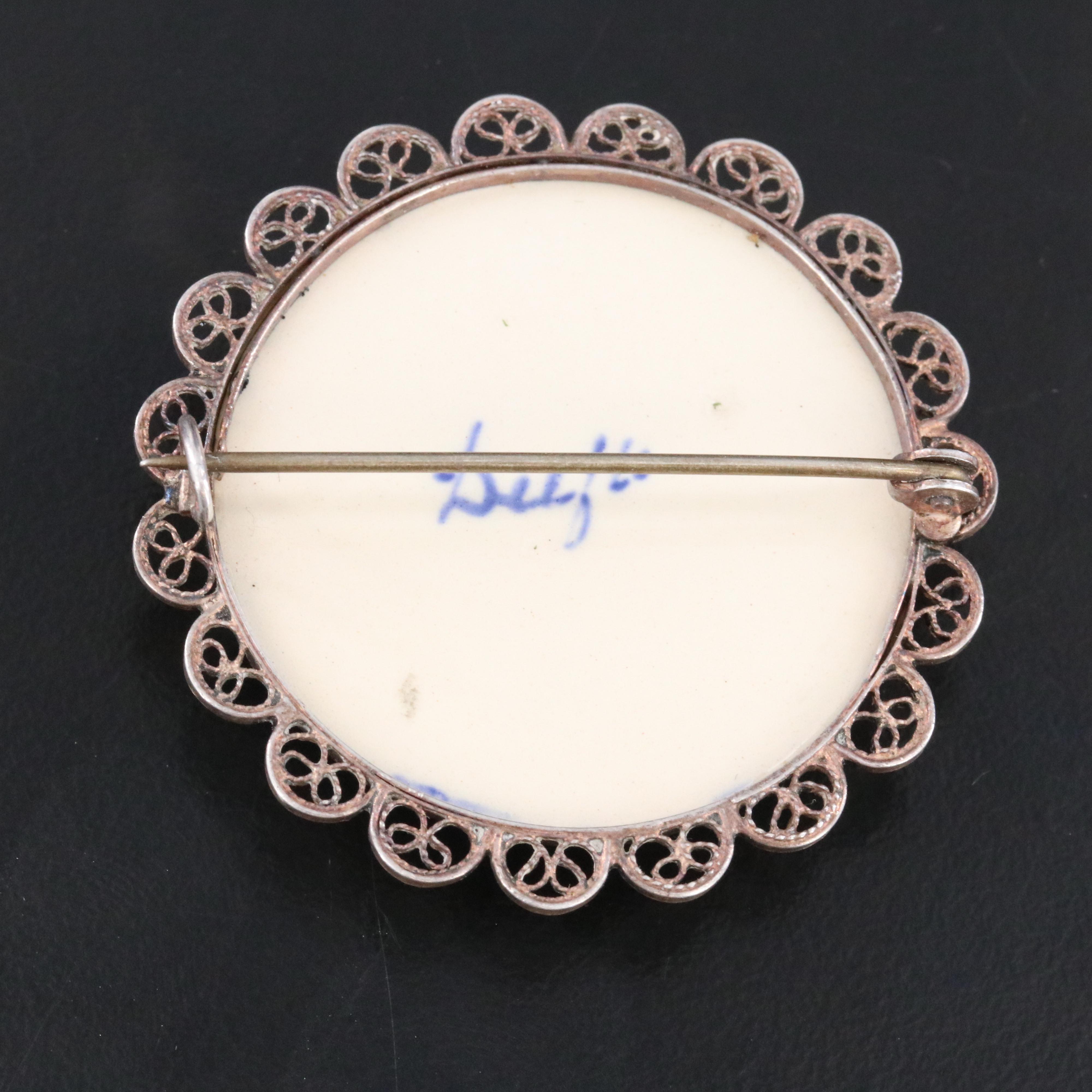950 Silver Ceramic Delft Windmill Brooch