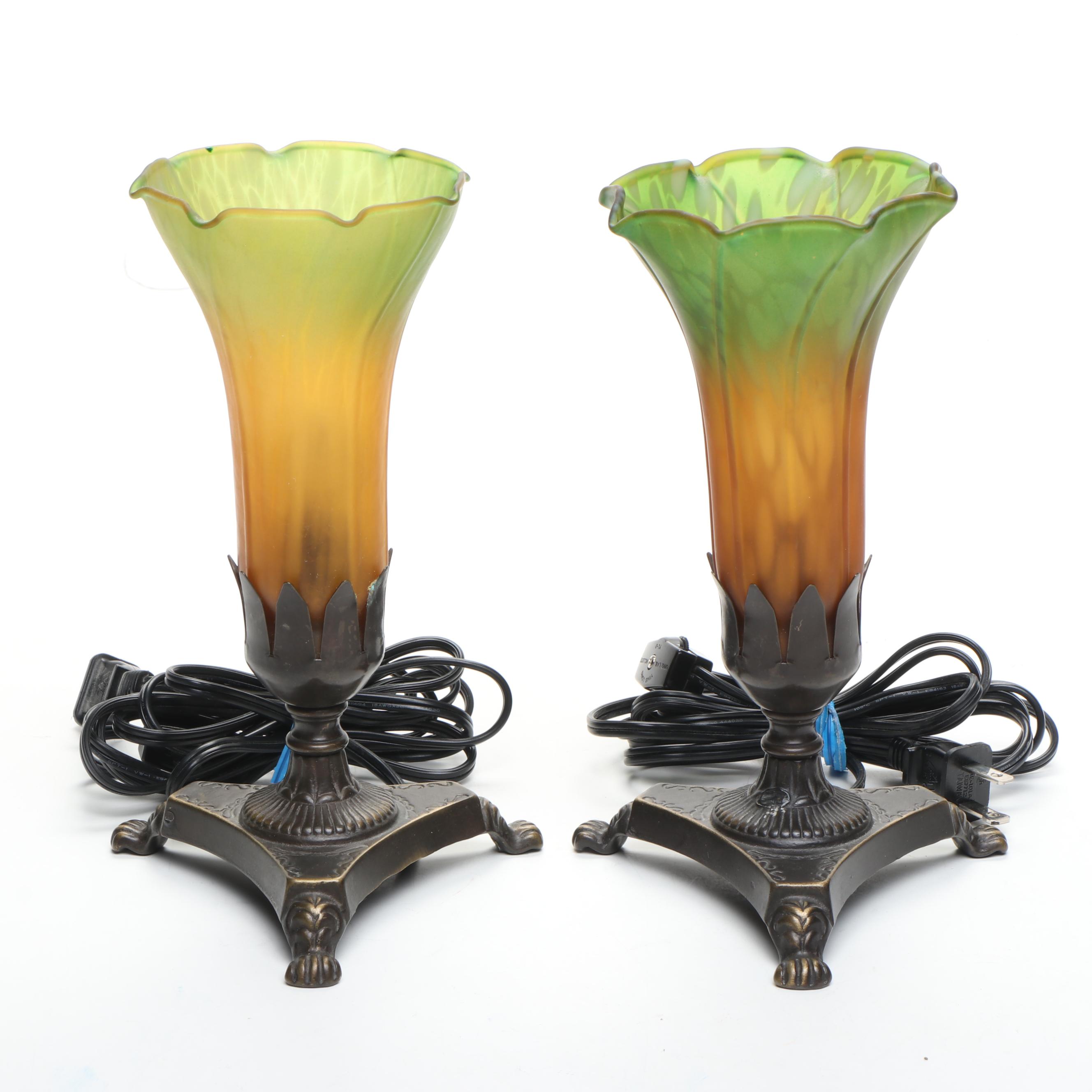 Art Nouveau Style Trumpet Lily Boudoir Lamps, Accent Lamp with Iridescent Shade