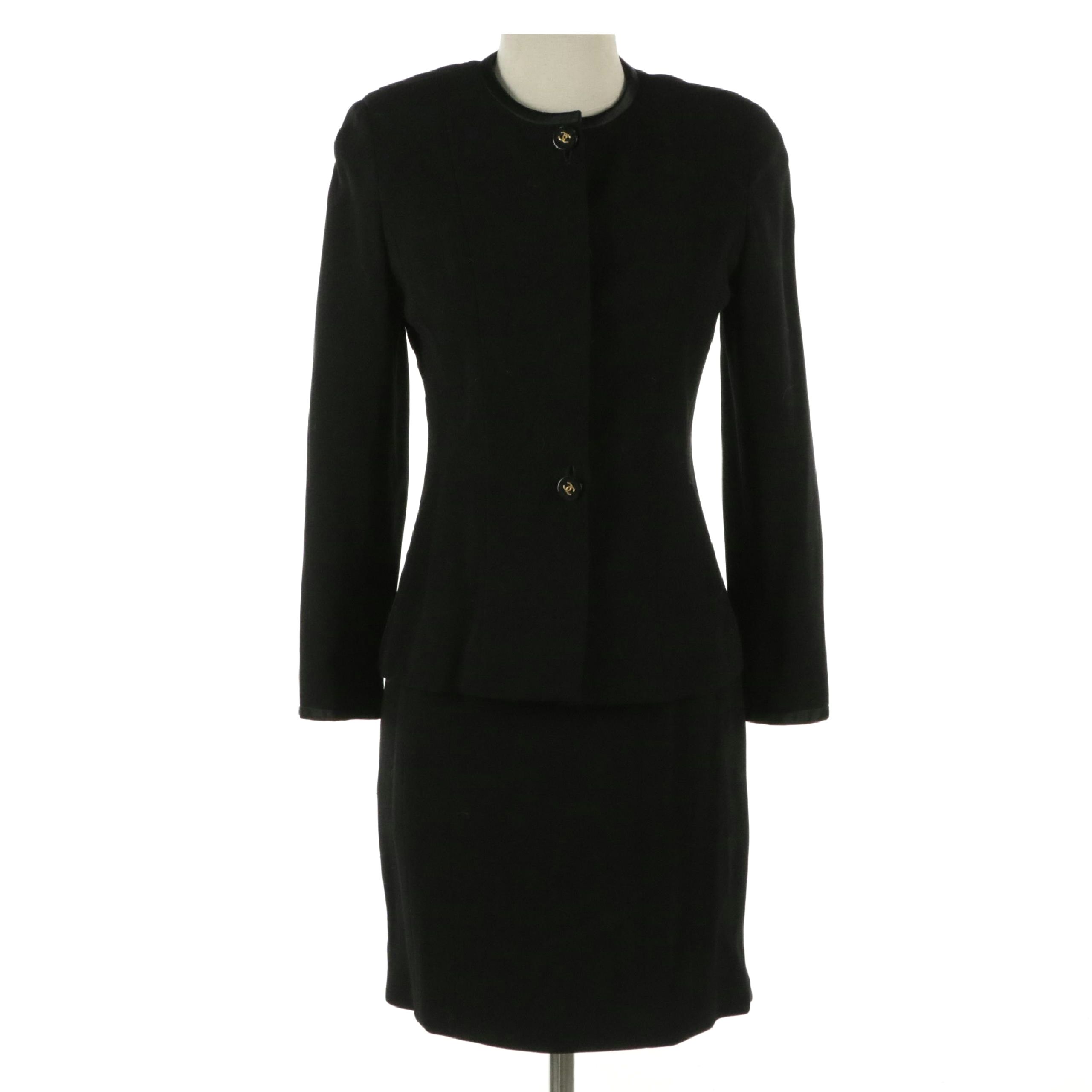 Chanel Black Wool Blend Button-Front Skirt Suit, Late 20th Century