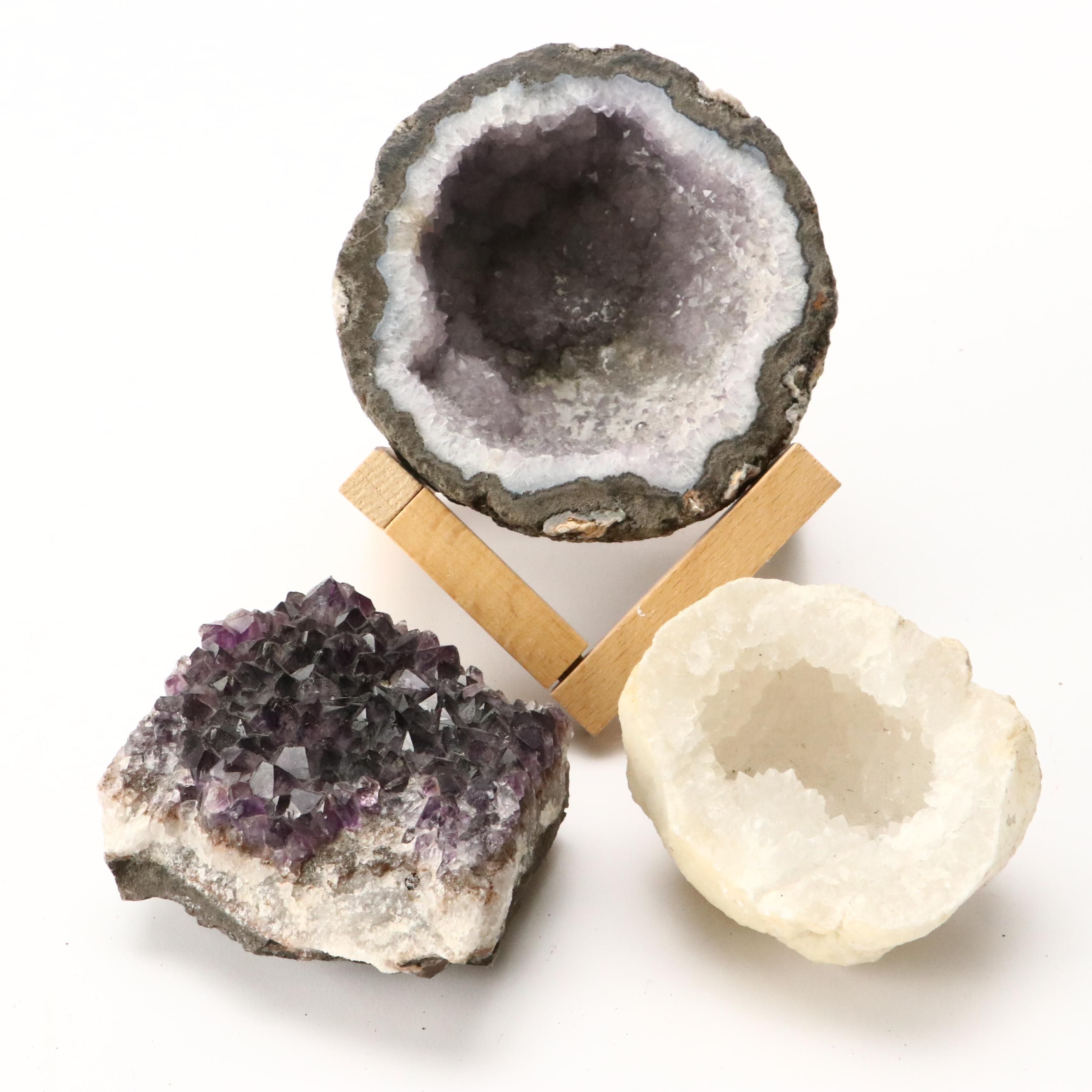 Amethyst and Quartz Geodes with Geometric Wood Stand