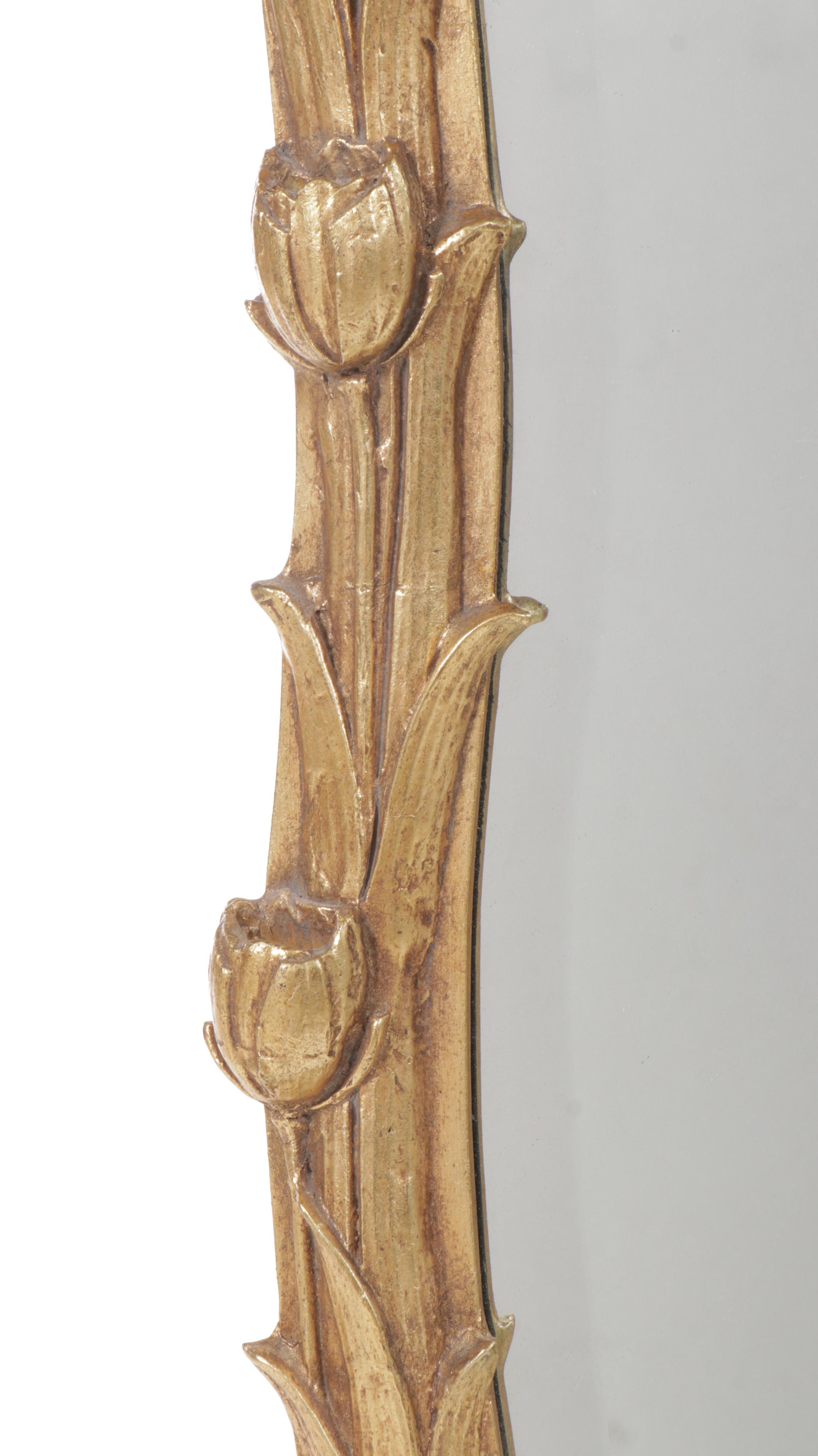 Decorative Arts, Inc. Hollywood Regency Style Carved Tulips Giltwood Wall Mirror