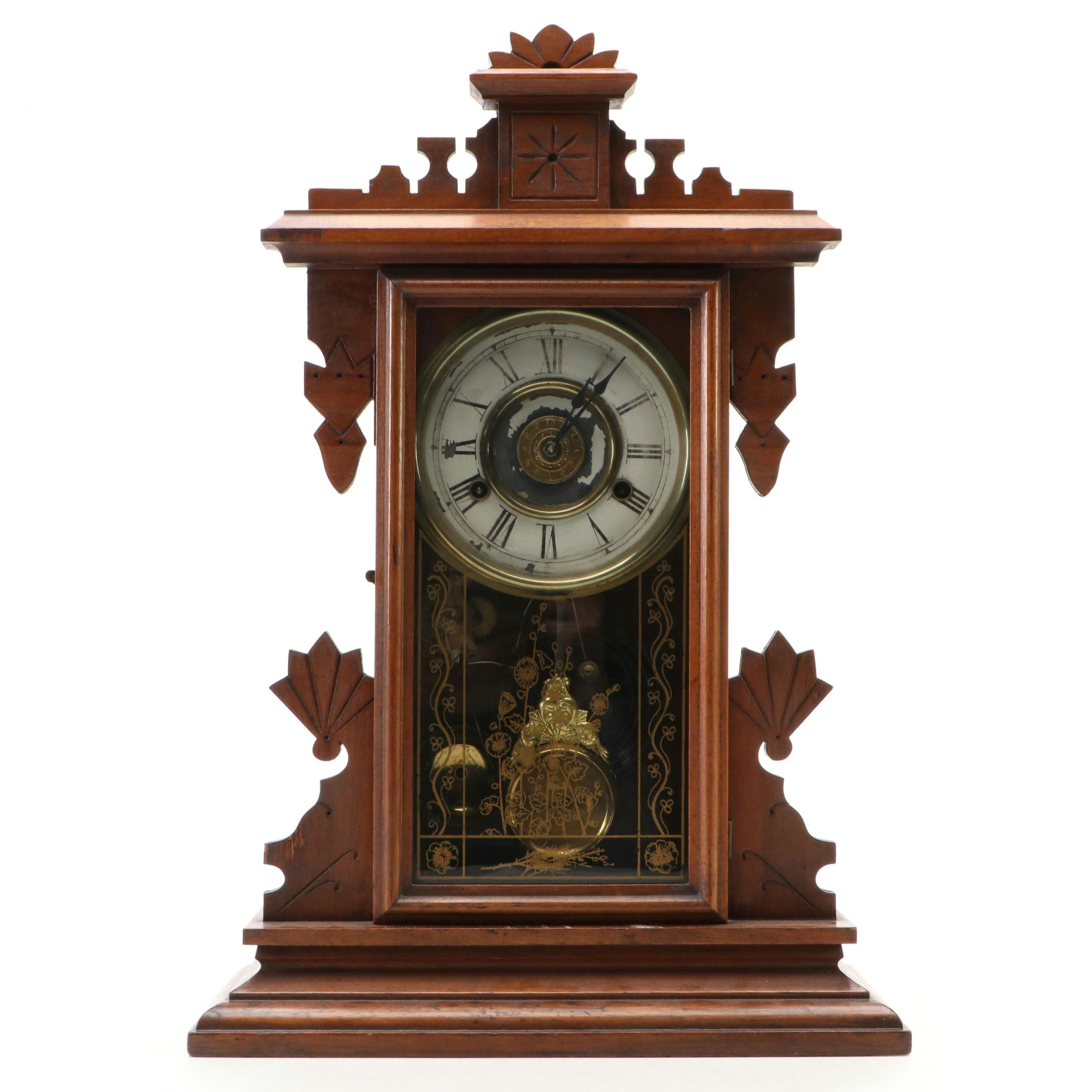 Carved Wood and Gilt Accent Mantel Clock