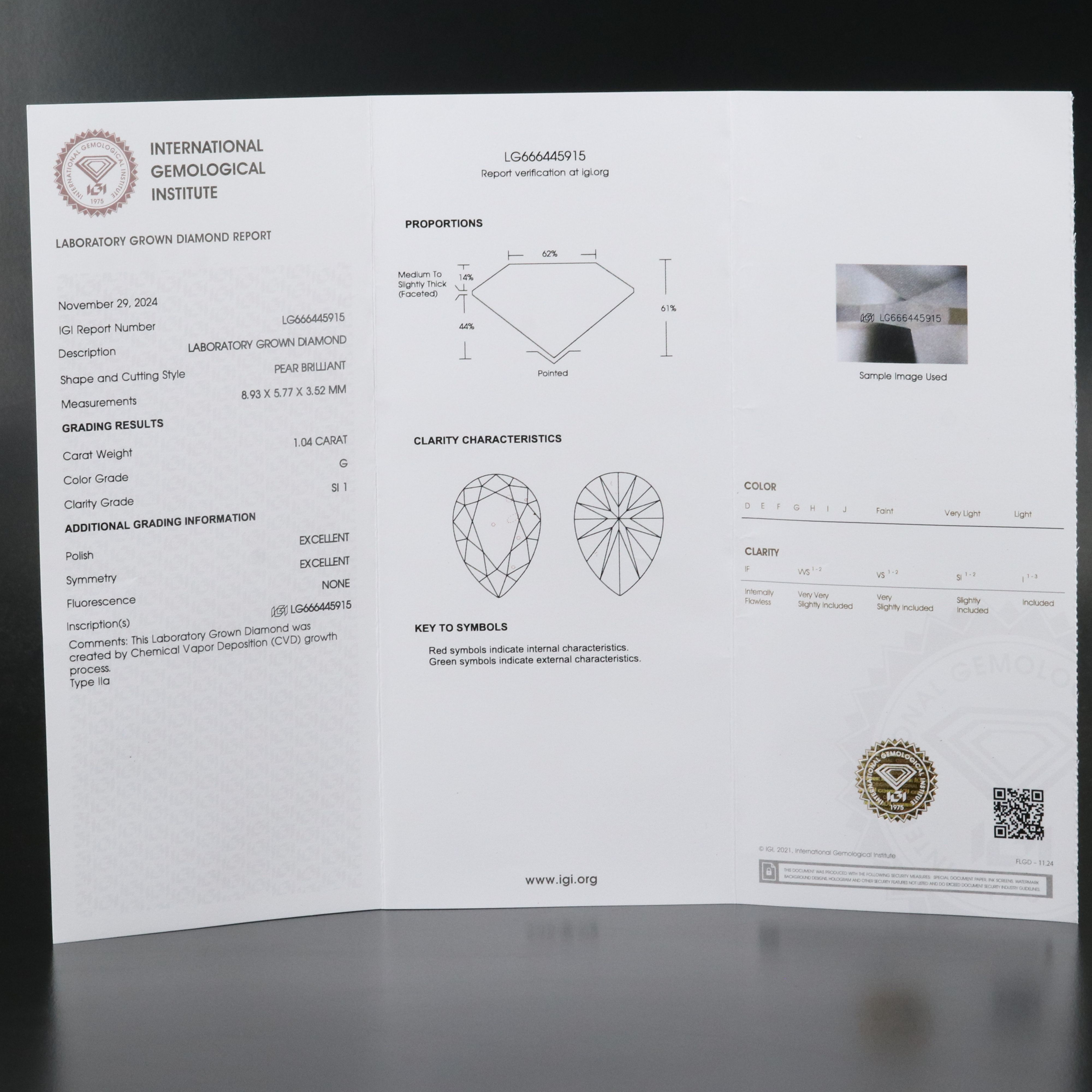 Loose 1.04 CT Lab Grown Diamond with IGI Report