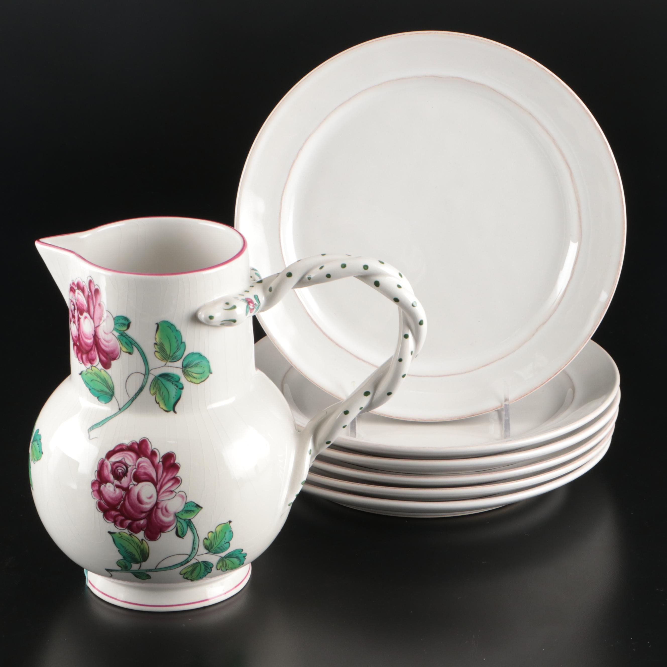 Tiffany & Co. "Strasbourg Flowers" Porcelain Pitcher with Pottery Barn Plates