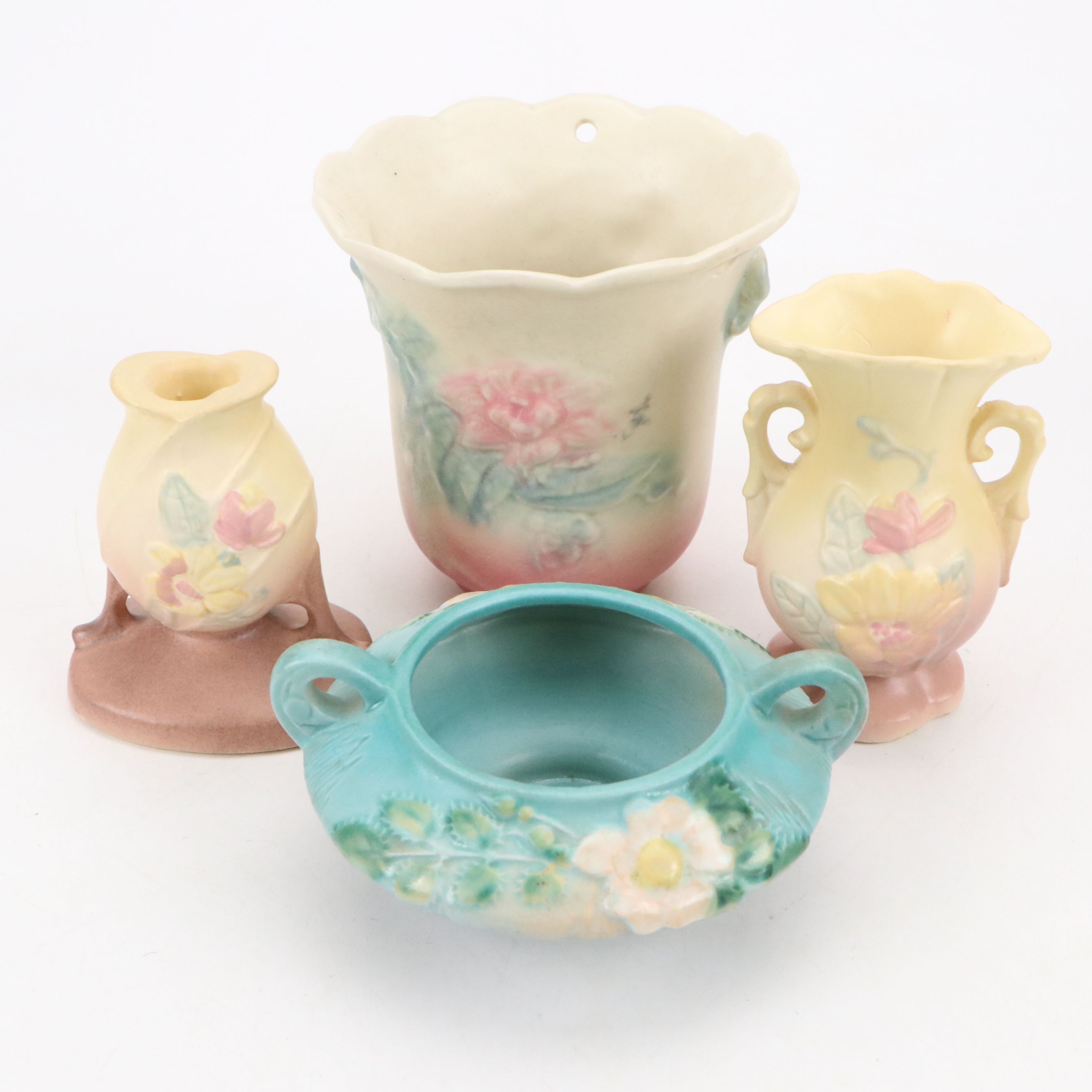 Roseville Pottery Sugar Bowl with Hull Pottery Hanging Planter and Tableware