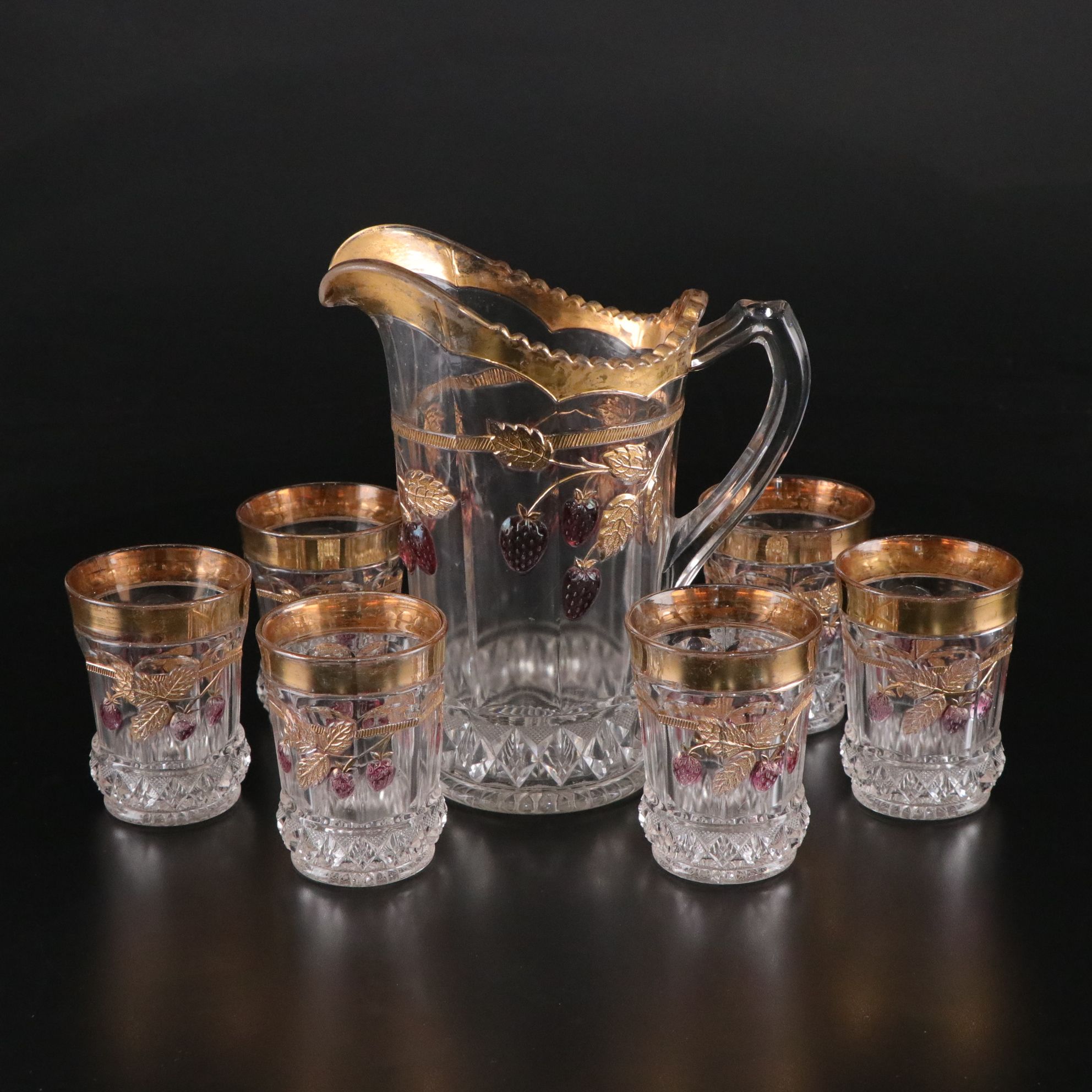 Northwood "Strawberry & Cable Ruby" Pitcher & Tumblers