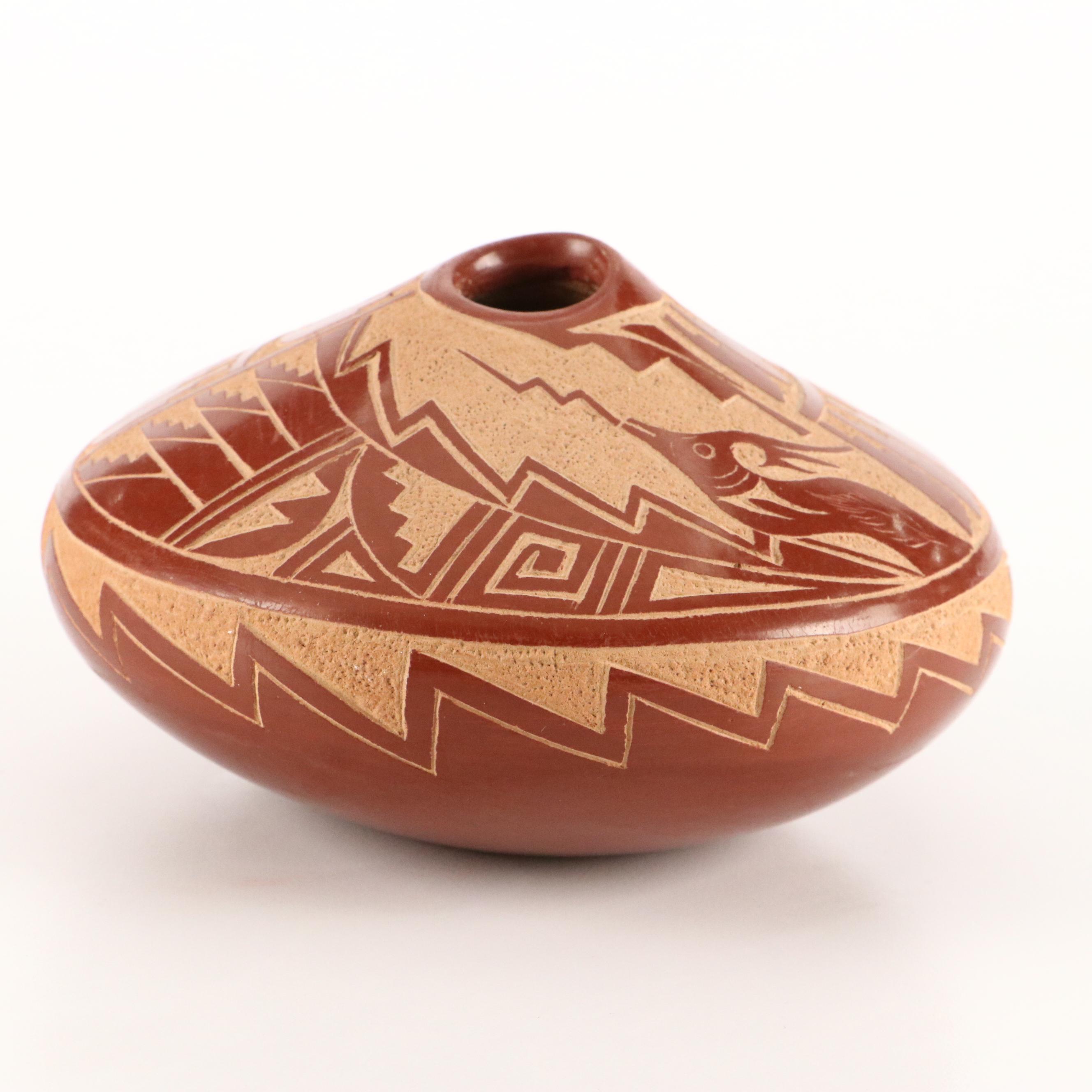 Vangie Tafoya Jemez Pueblo Redware Sgraffito Avanyu Vase