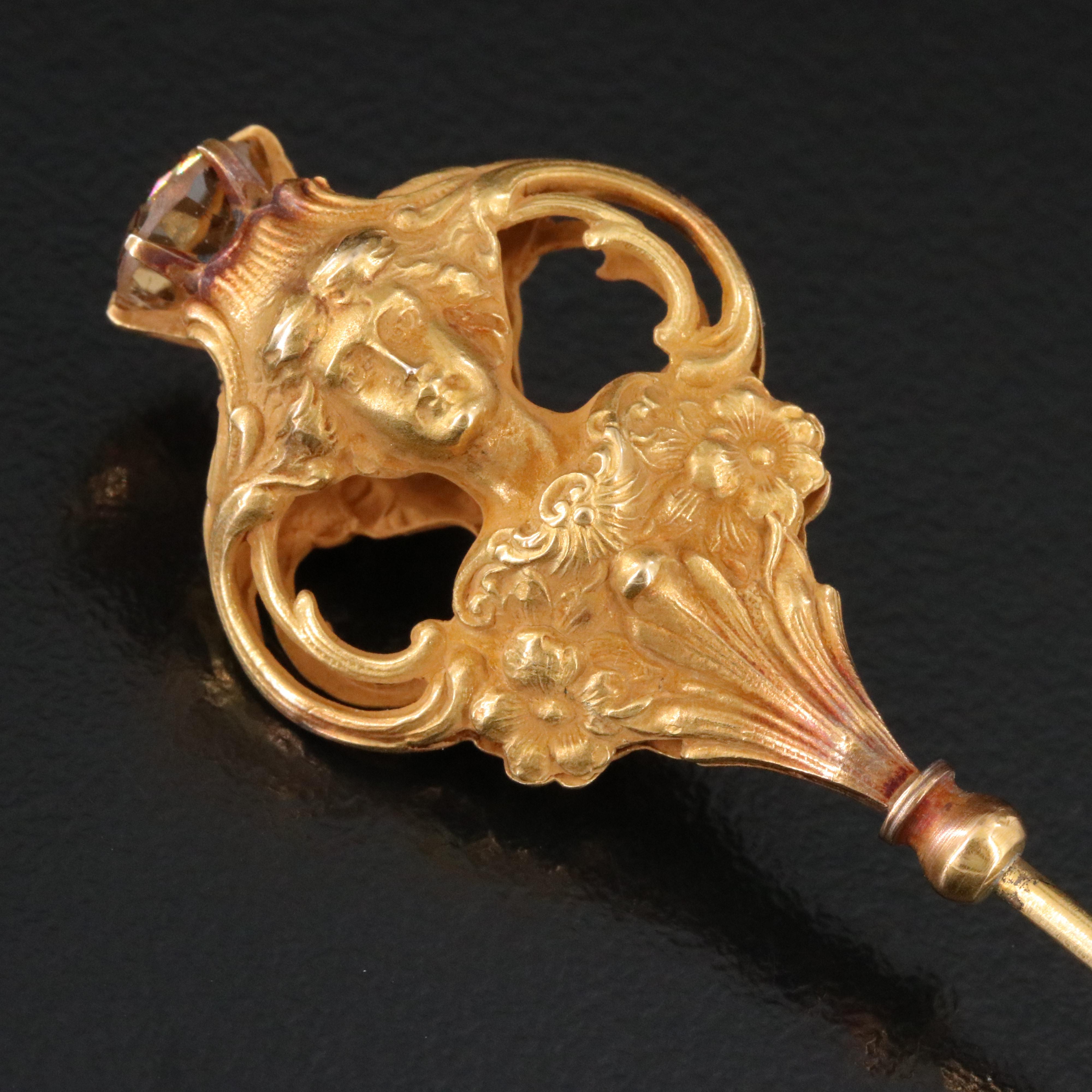 Art Nouveau 14K Zircon Hat Pin