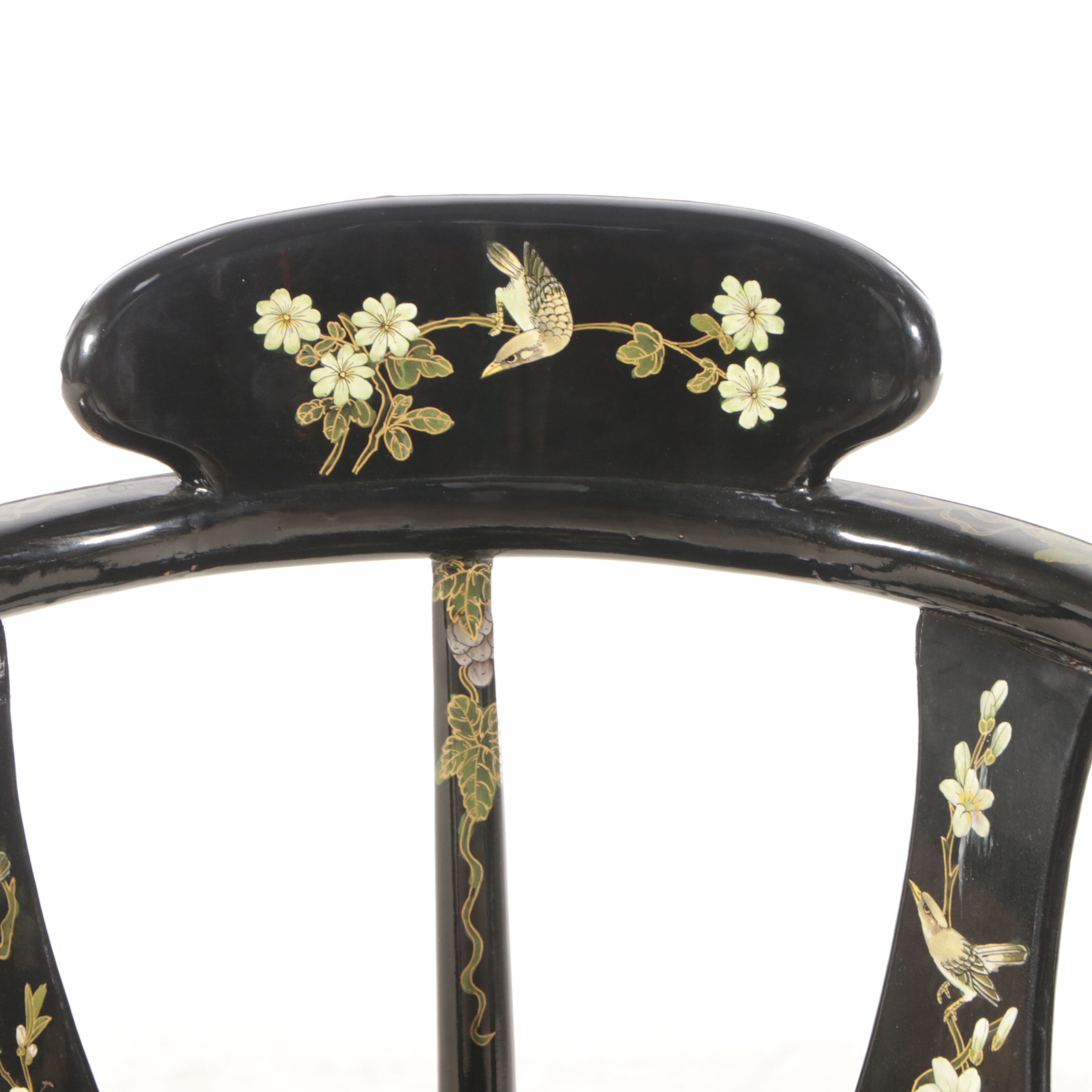 Chinese Black Lacquered Wood Corner Chair with Painted and Applied Decoration