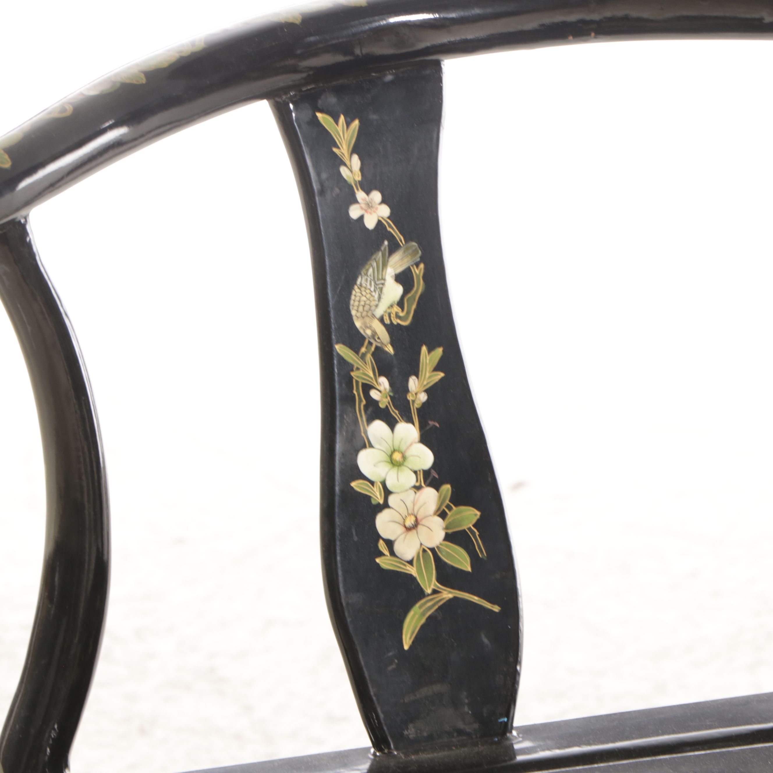 Chinese Black Lacquered Wood Corner Chair with Painted and Applied Decoration