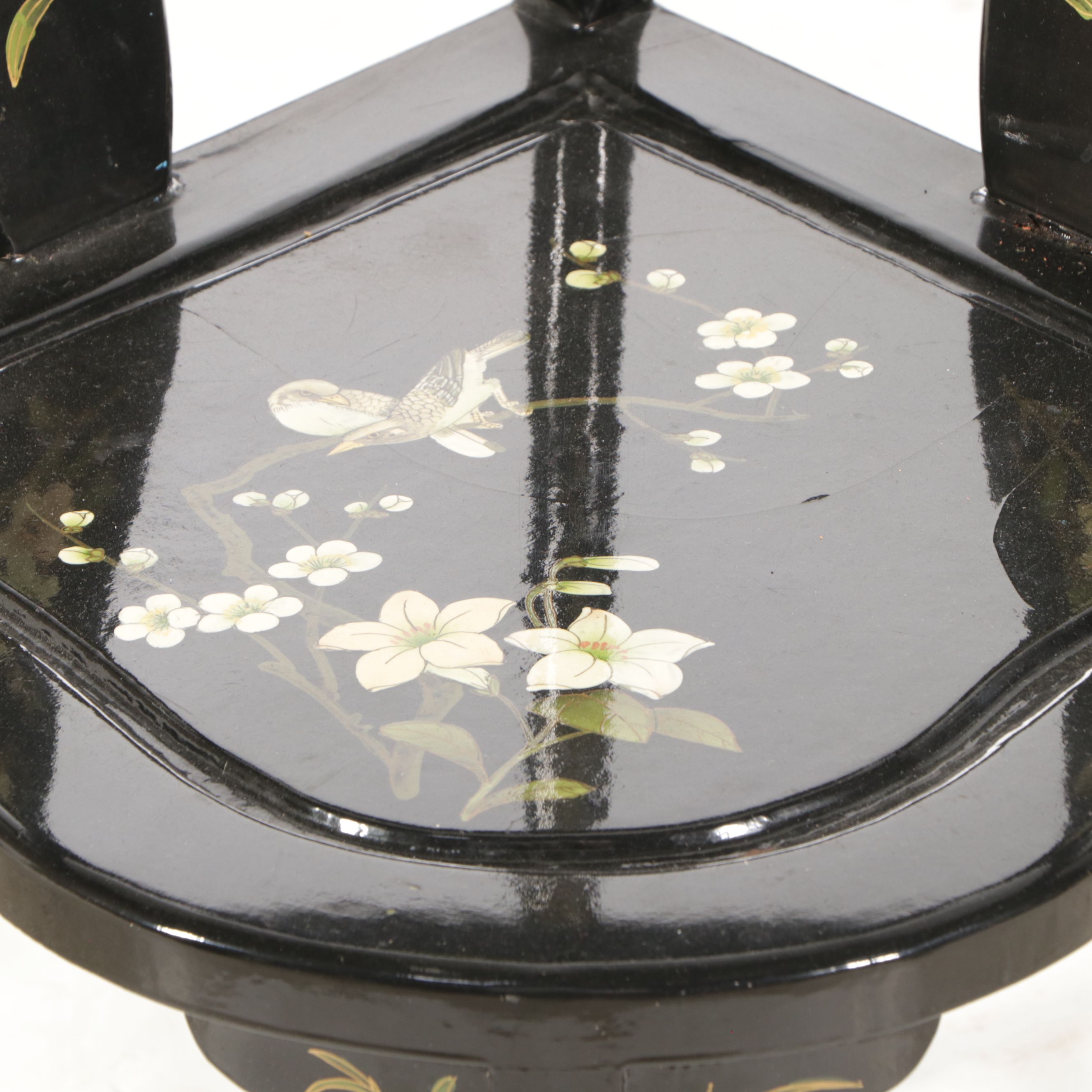 Chinese Black Lacquered Wood Corner Chair with Painted and Applied Decoration
