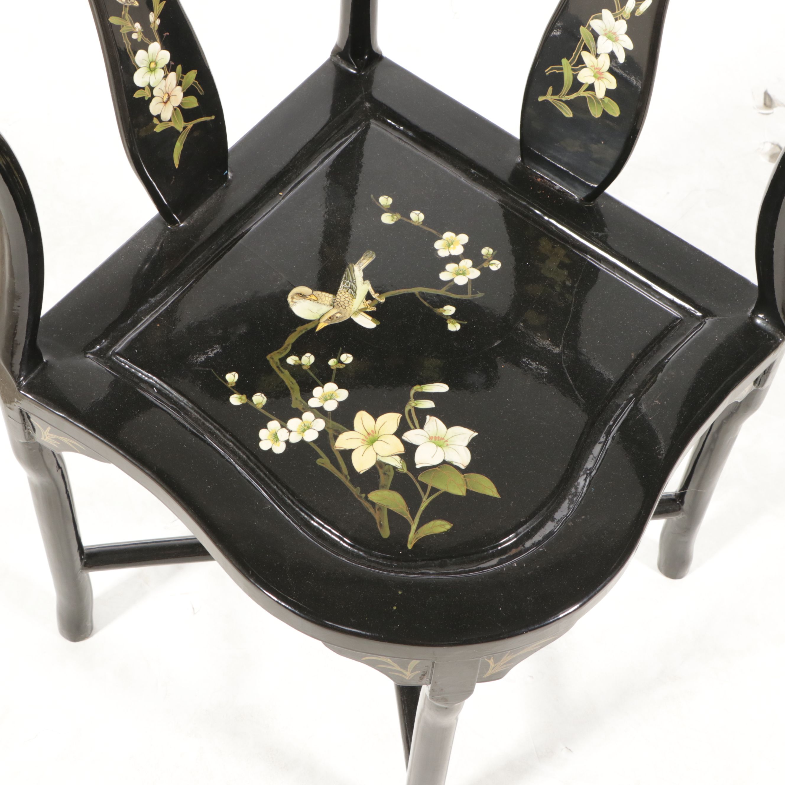 Chinese Black Lacquered Wood Corner Chair with Painted and Applied Decoration