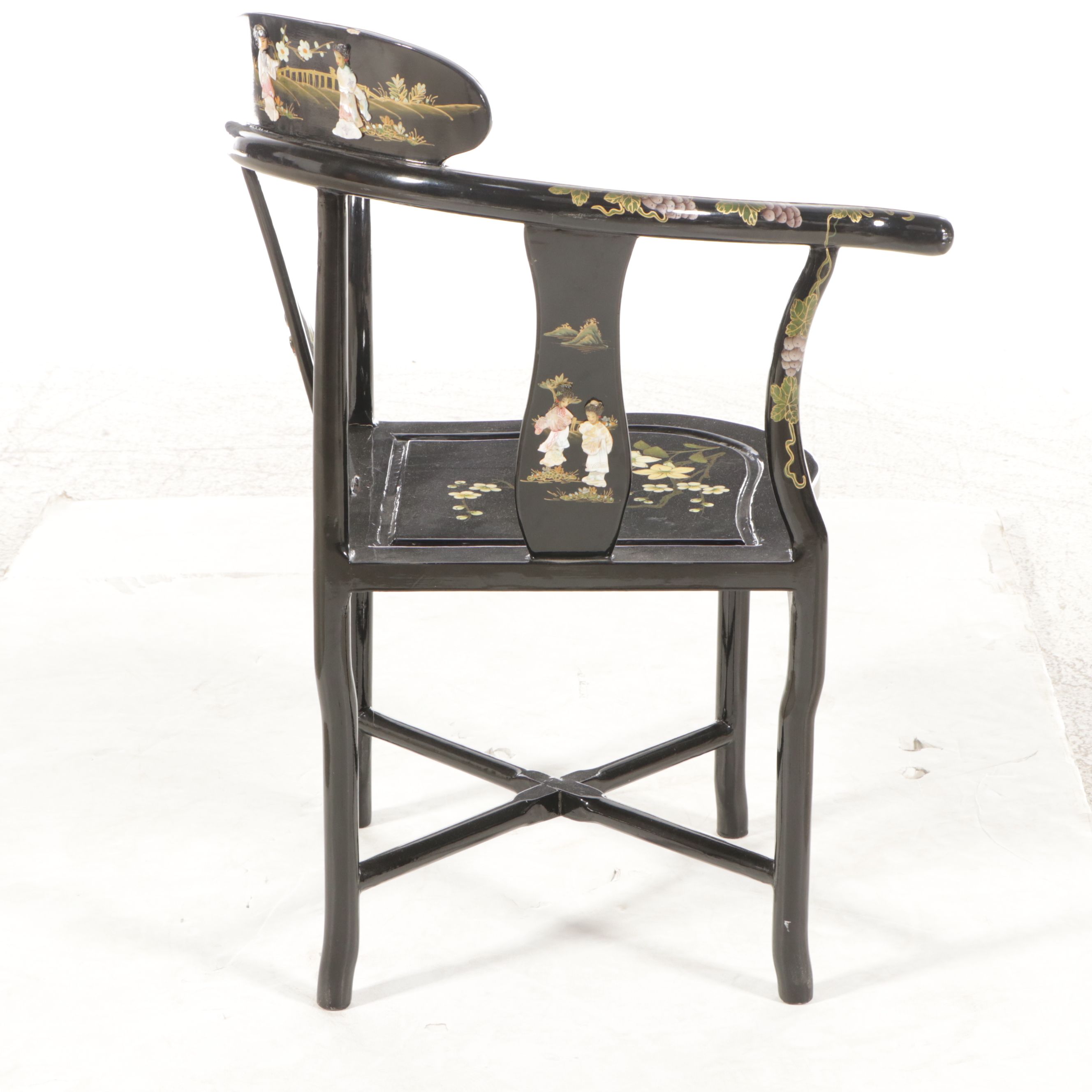 Chinese Black Lacquered Wood Corner Chair with Painted and Applied Decoration