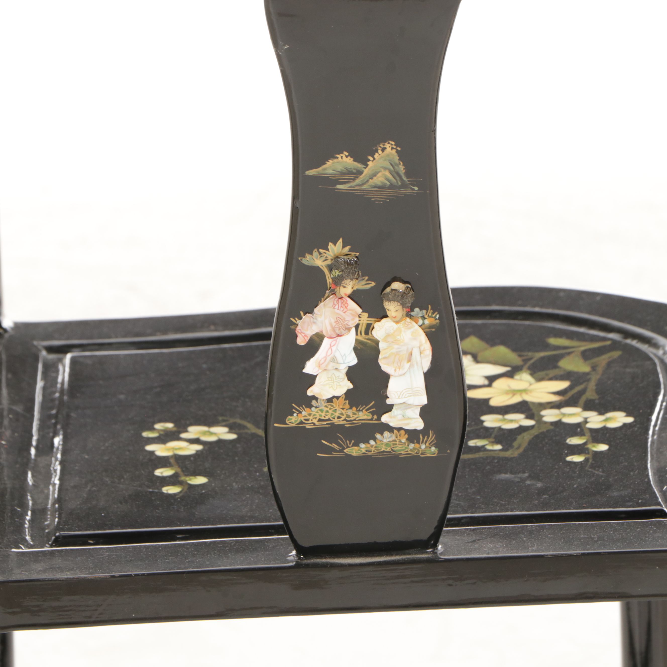 Chinese Black Lacquered Wood Corner Chair with Painted and Applied Decoration