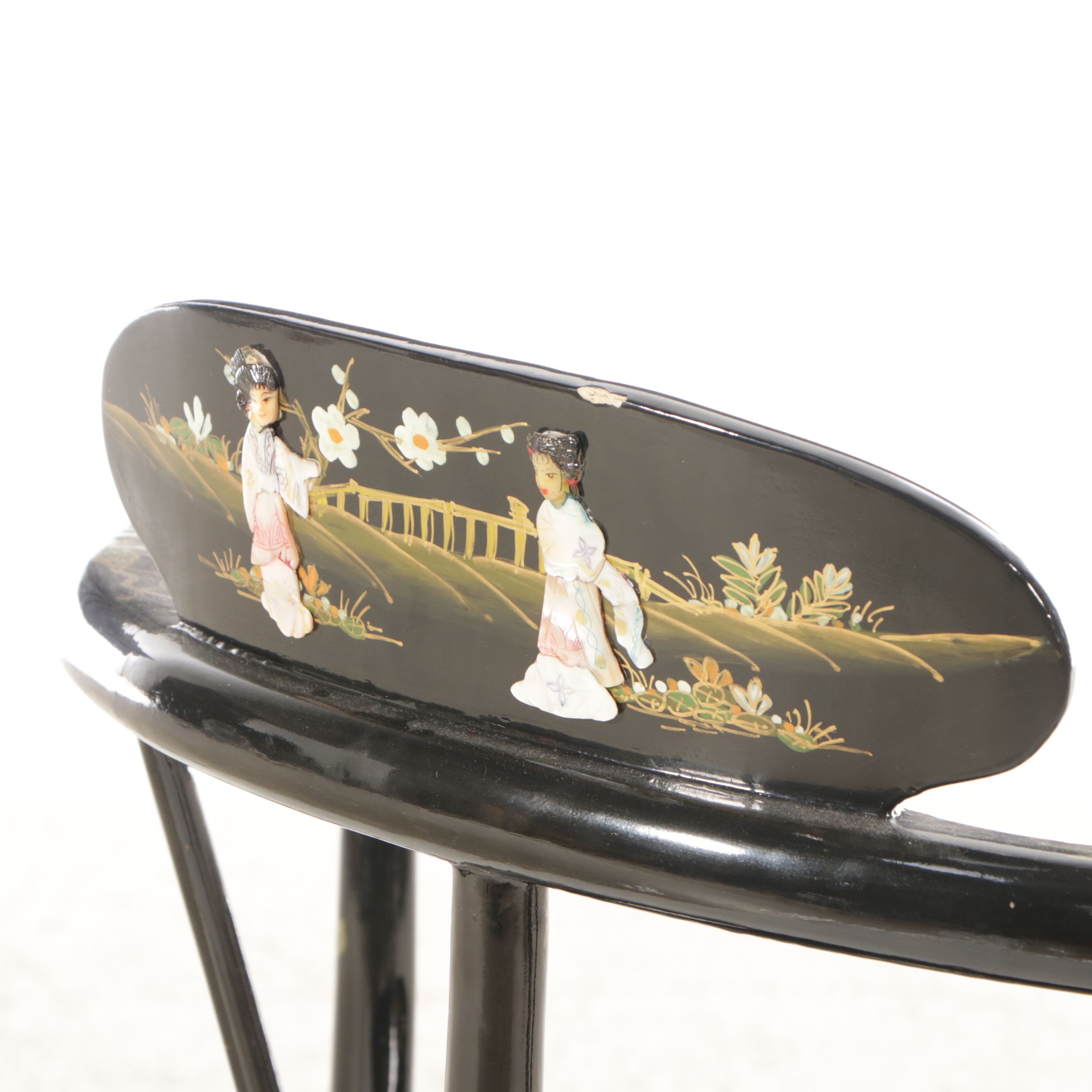 Chinese Black Lacquered Wood Corner Chair with Painted and Applied Decoration