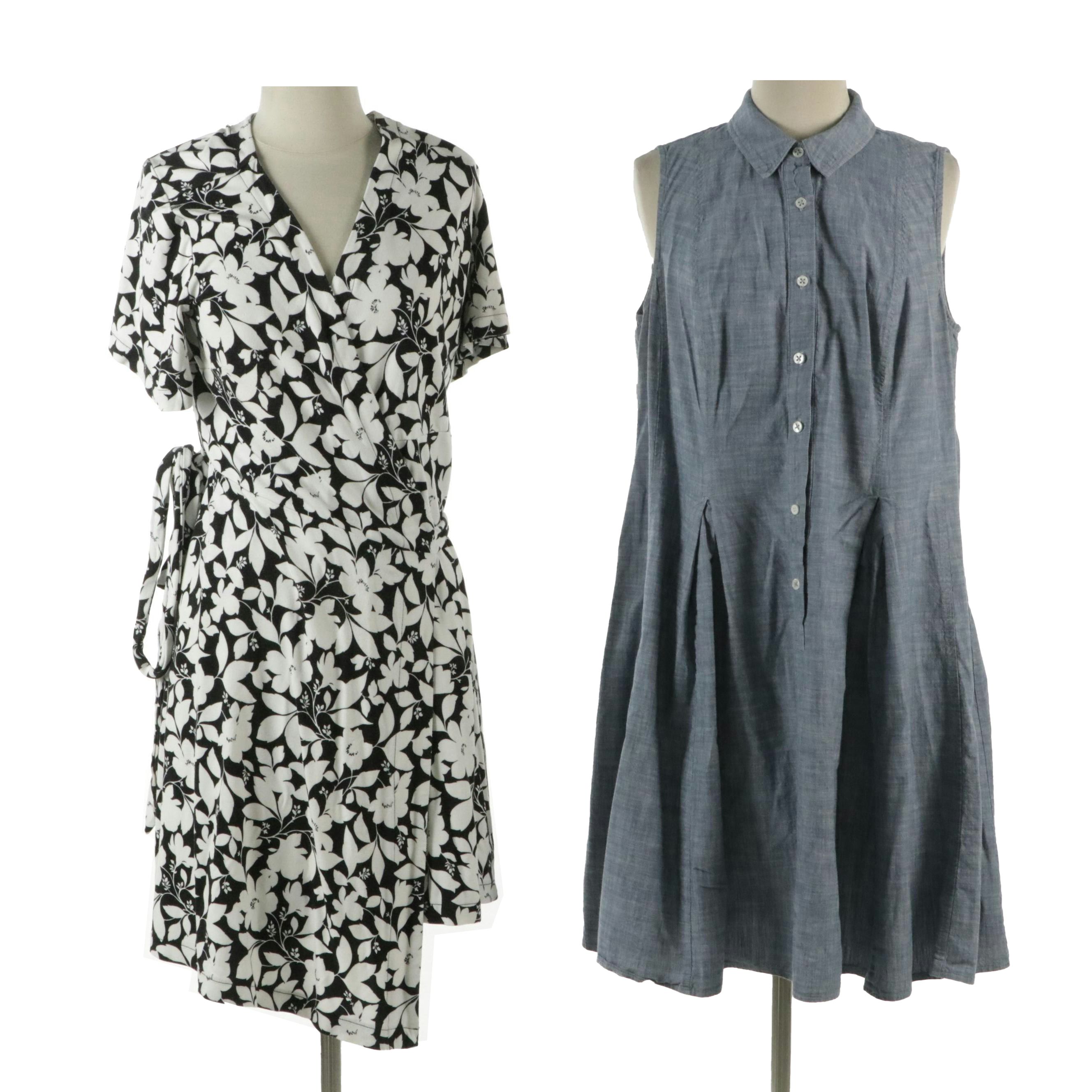 Ann Taylor B&W Floral Cotton Wrap Dress, London Times Pleated Denim Shirt Dress