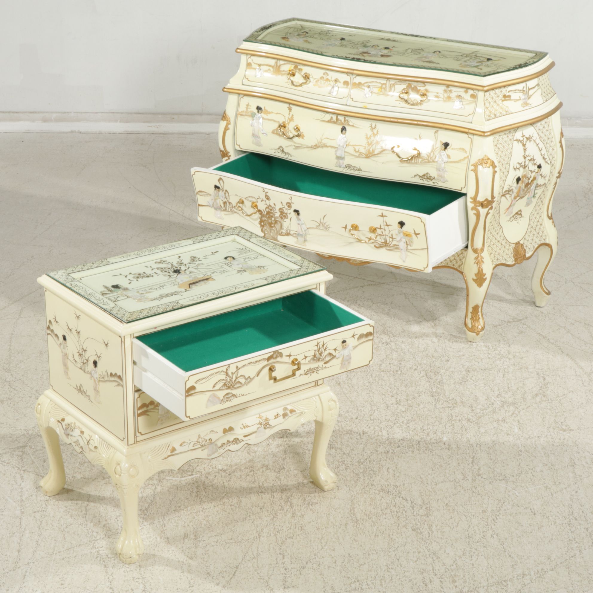 Chinoiserie Lacquered Wood Bombe Style Dresser and Nightstand with Applied Decor