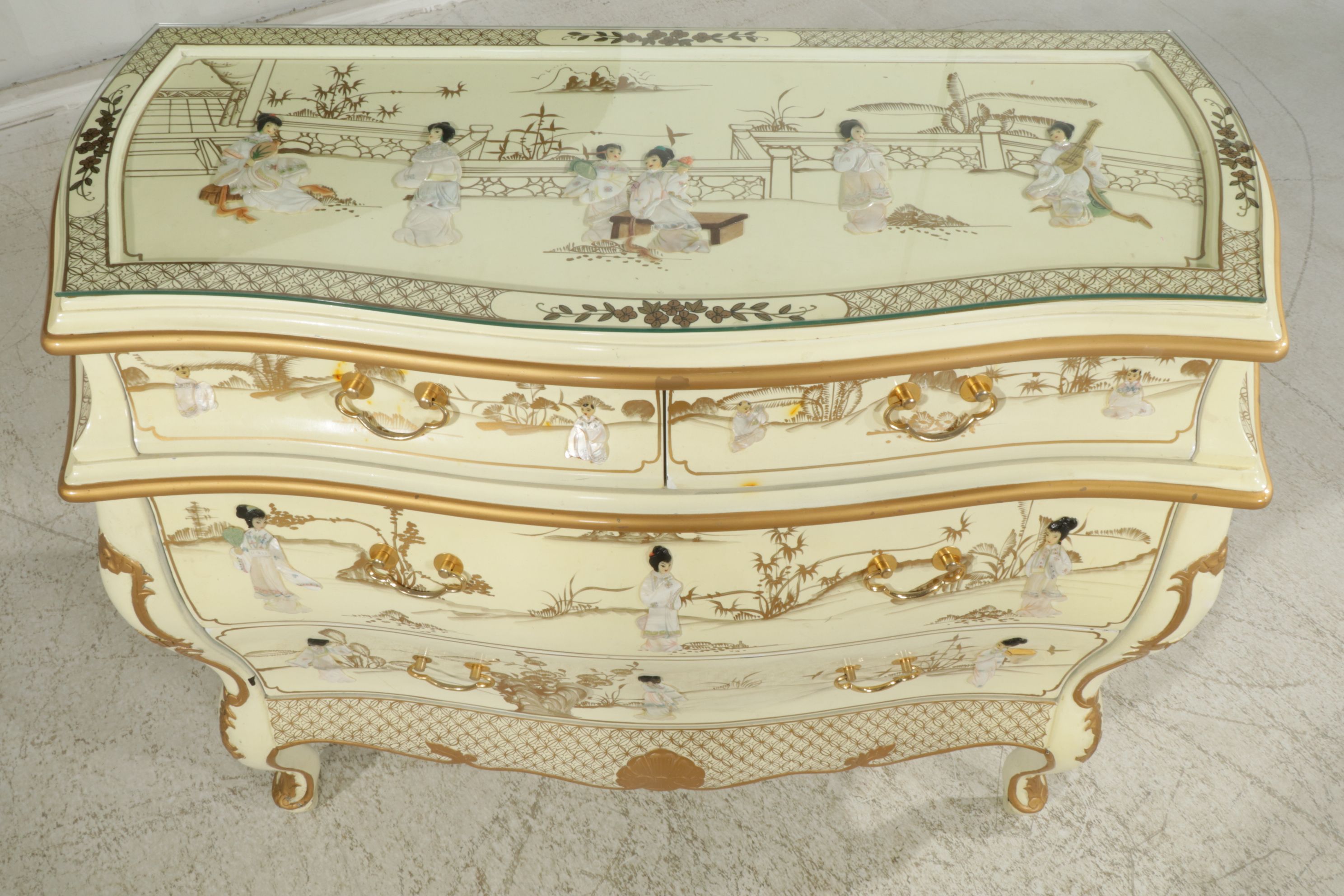 Chinoiserie Lacquered Wood Bombe Style Dresser and Nightstand with Applied Decor