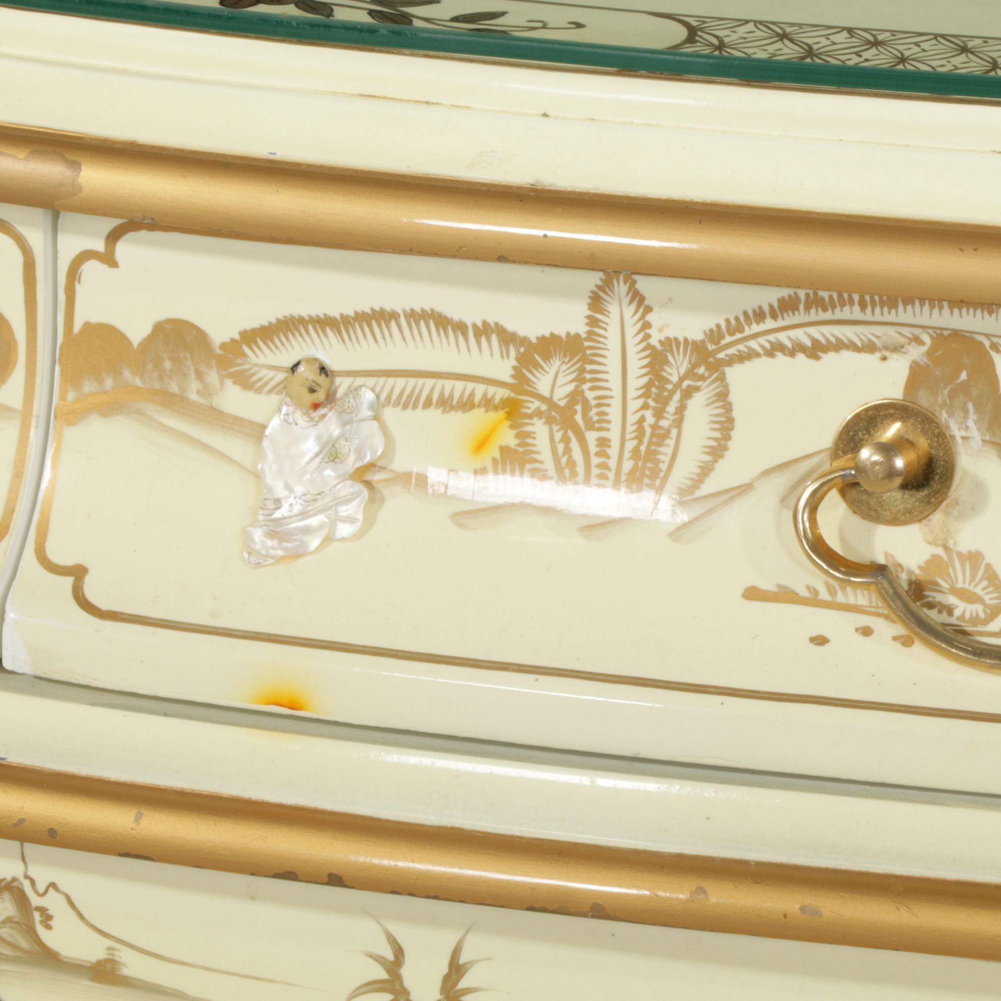 Chinoiserie Lacquered Wood Bombe Style Dresser and Nightstand with Applied Decor