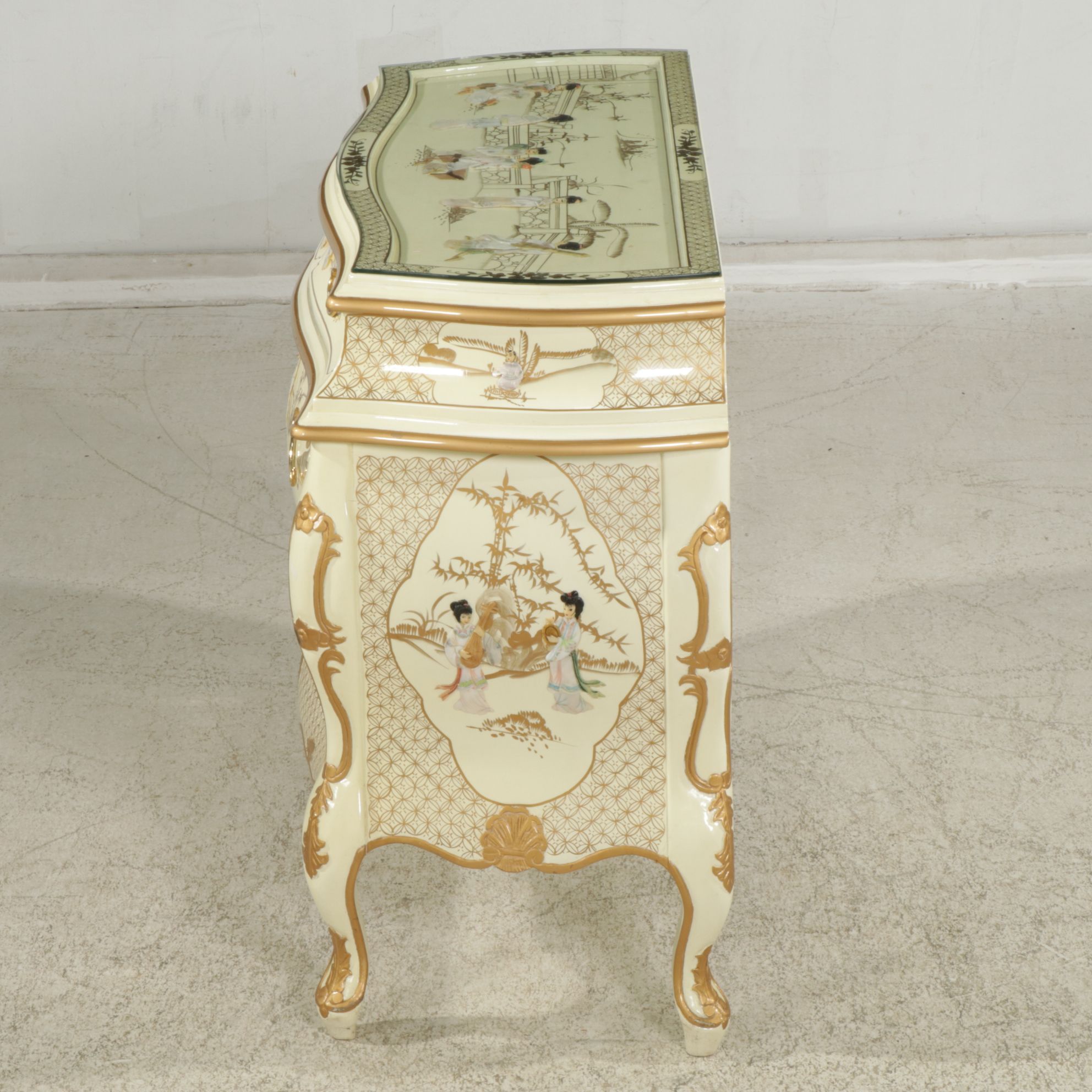 Chinoiserie Lacquered Wood Bombe Style Dresser and Nightstand with Applied Decor