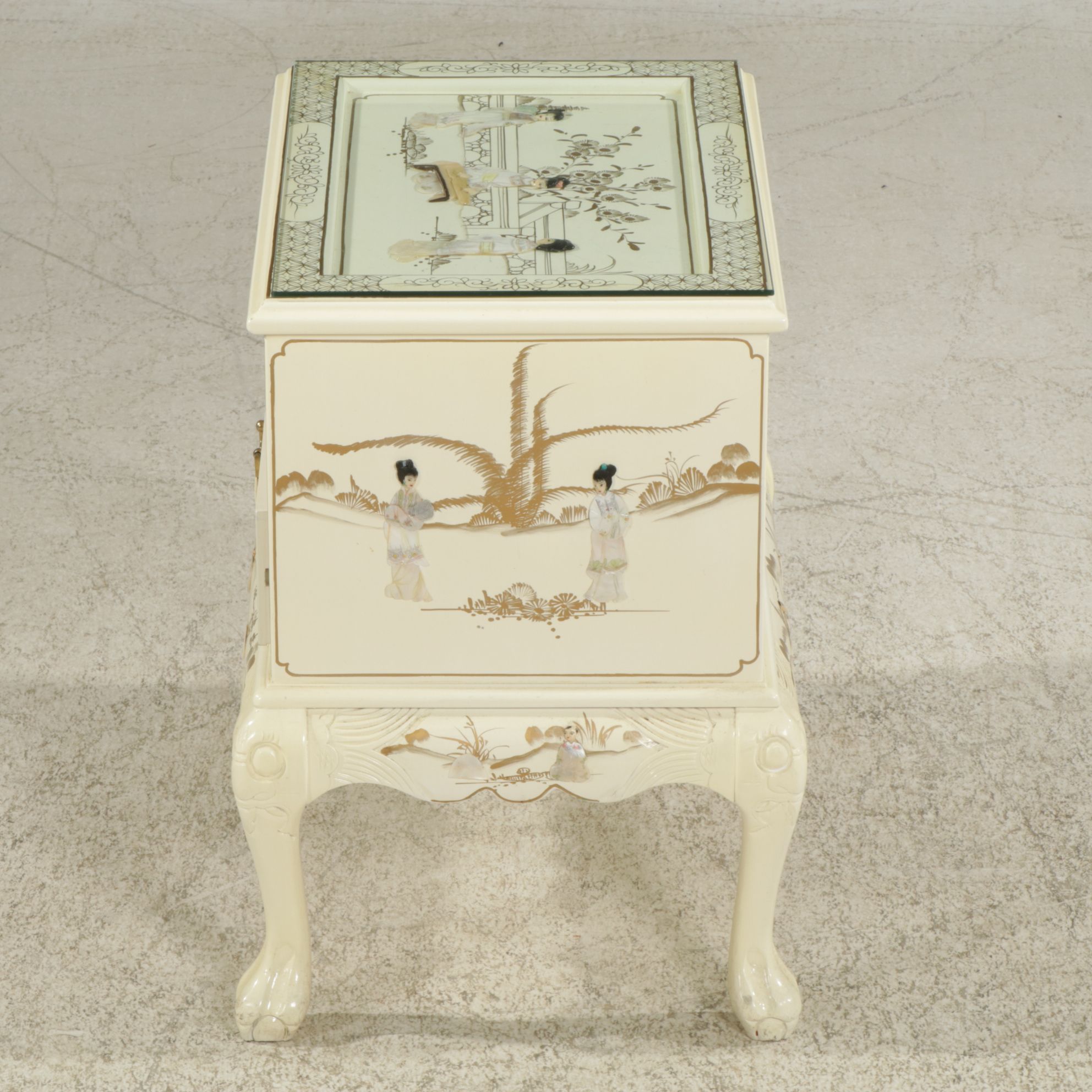 Chinoiserie Lacquered Wood Bombe Style Dresser and Nightstand with Applied Decor