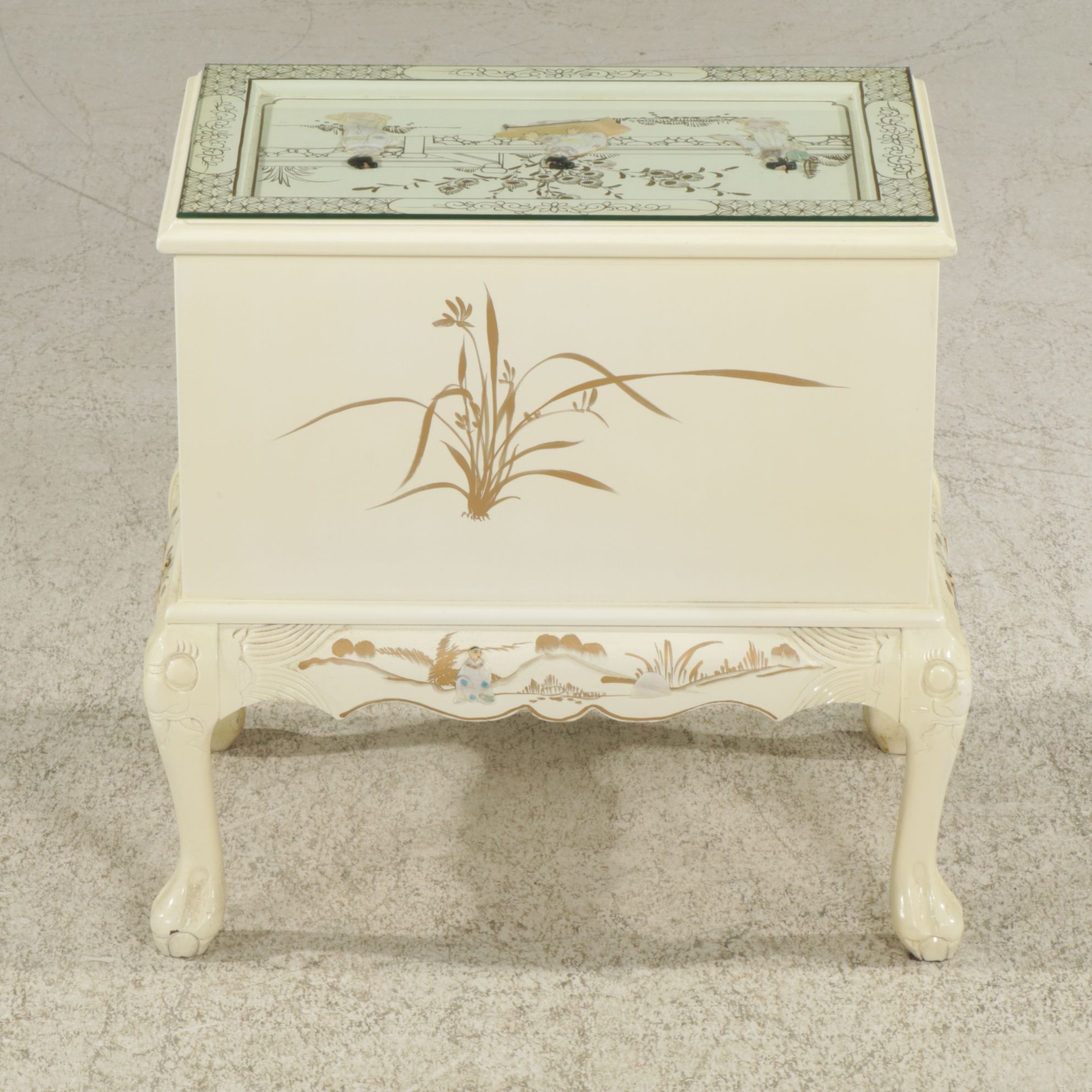 Chinoiserie Lacquered Wood Bombe Style Dresser and Nightstand with Applied Decor