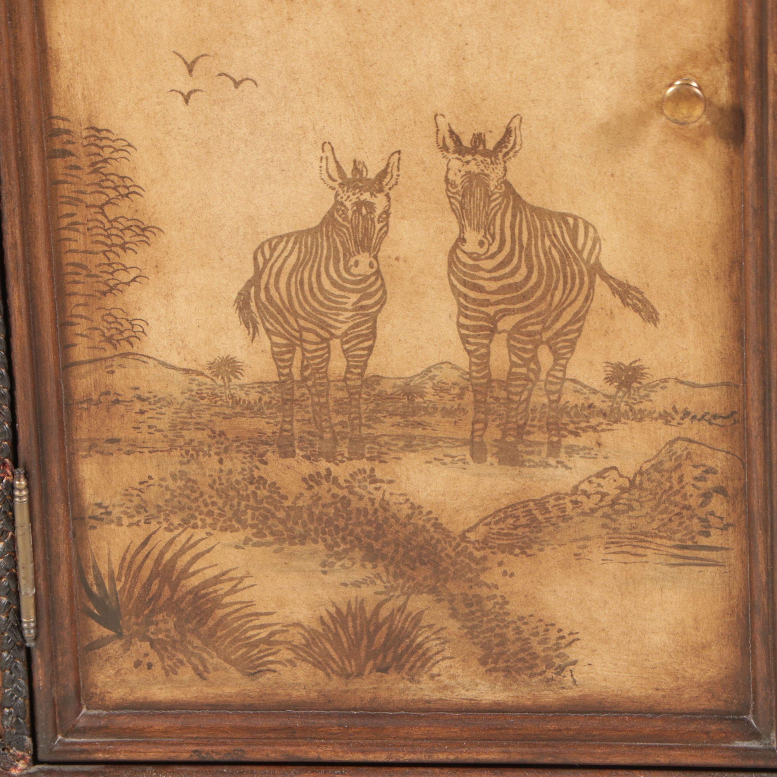 Safari Theme Wooden End Table Featuring Zebra Imagery