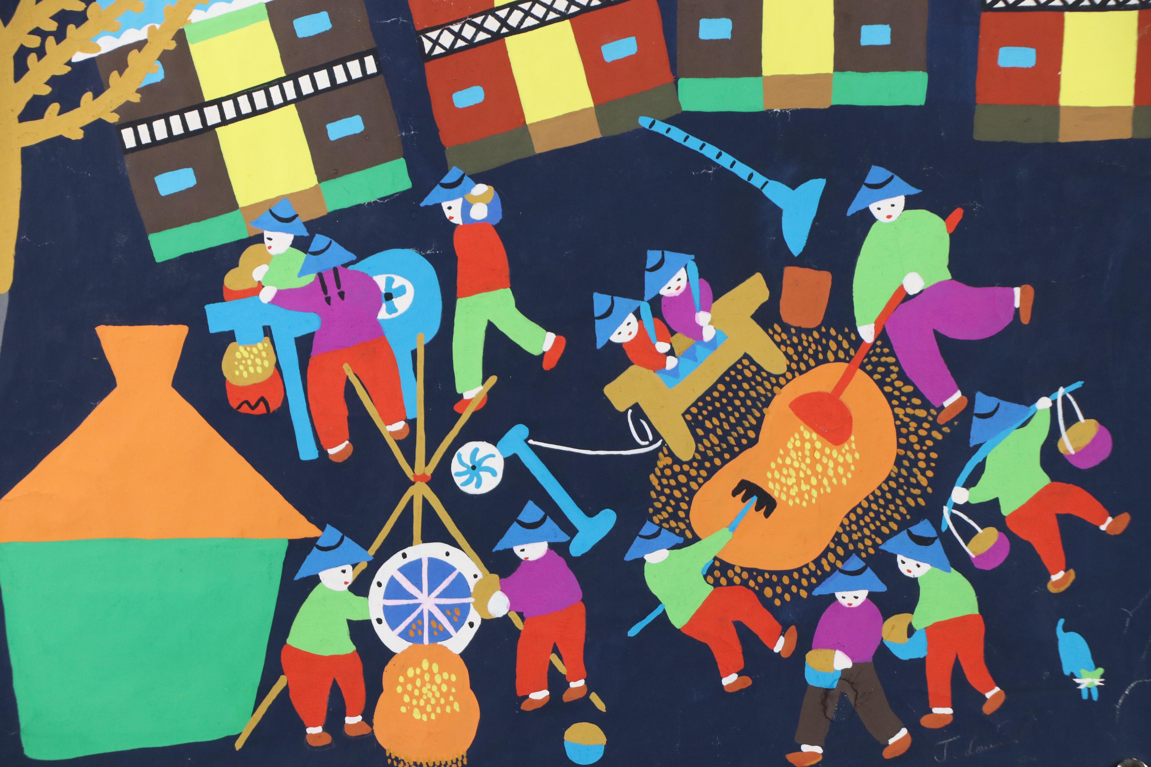 Gouache Painting of Village Scene, Late 20th Century