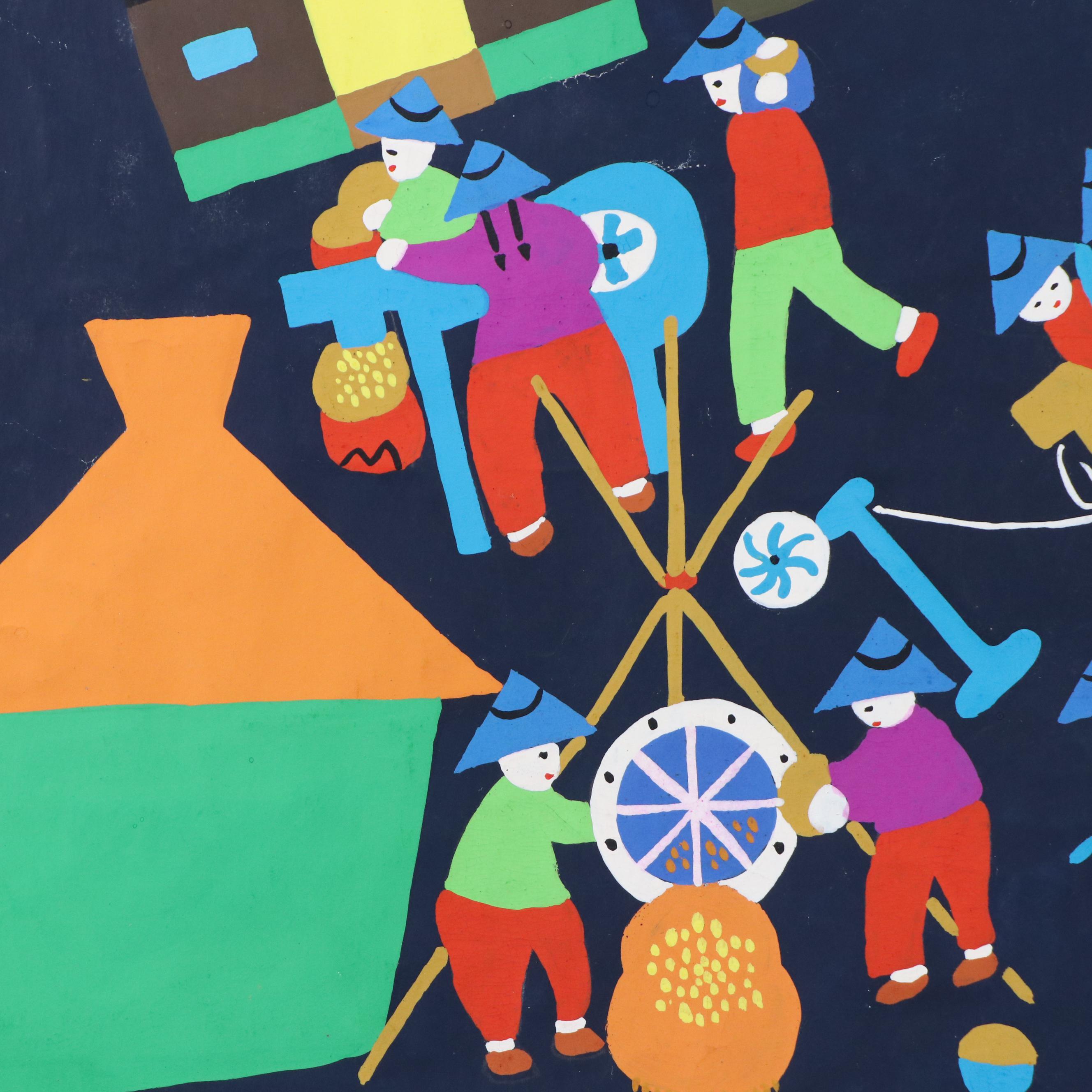 Gouache Painting of Village Scene, Late 20th Century