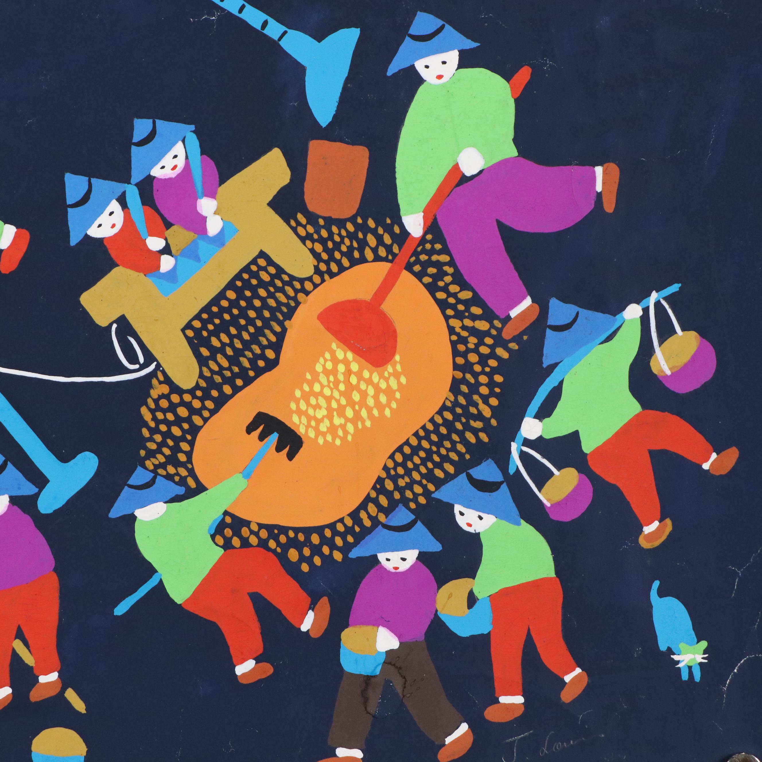 Gouache Painting of Village Scene, Late 20th Century